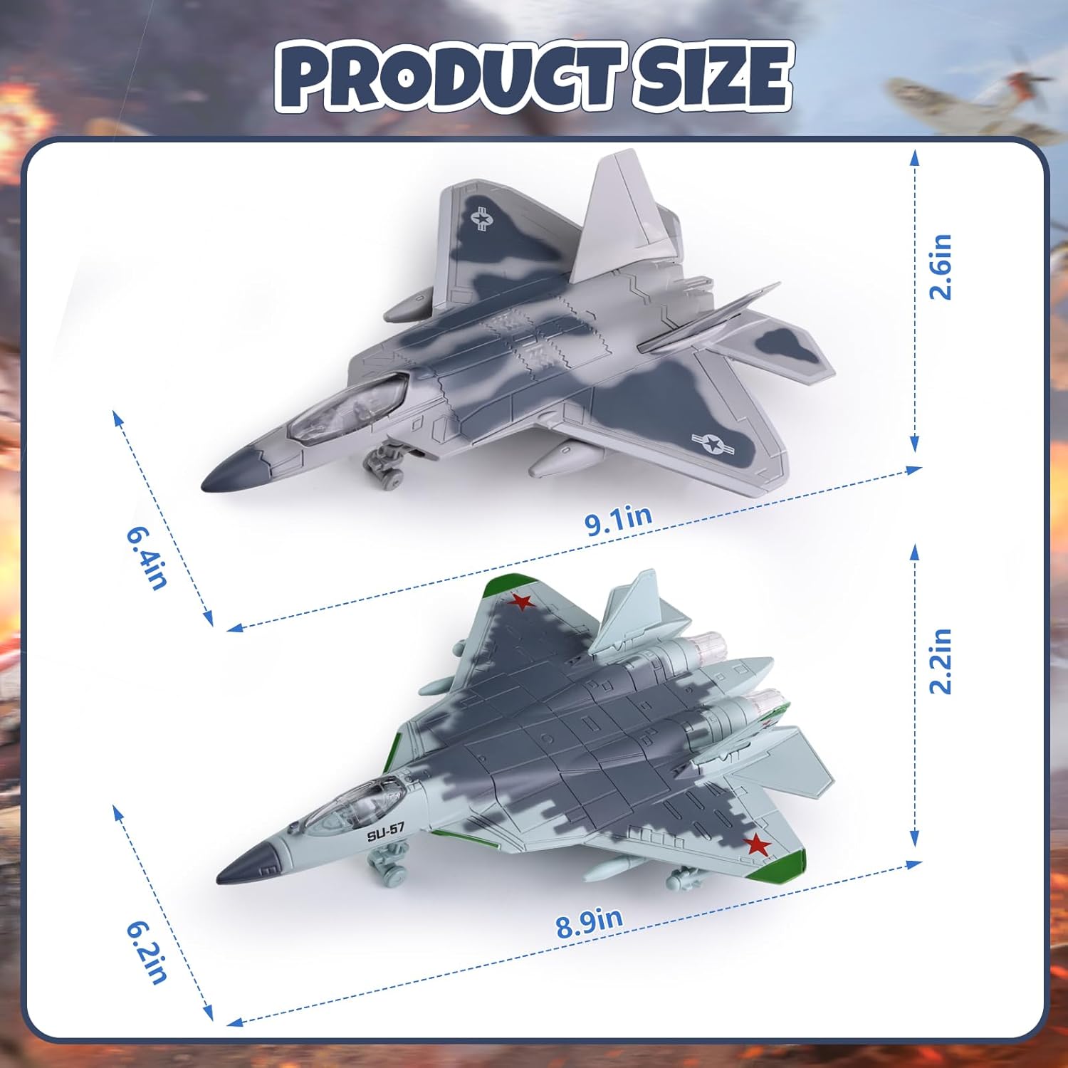 Crelloci 2-in-1 Diecast Fighter Jet Toy Set with Lights & Sounds, Pull Back Airplane F-22 & SU-57 1:144 Scale Military Aircraft Models with Display Stand, Gift for Kids & Collectors