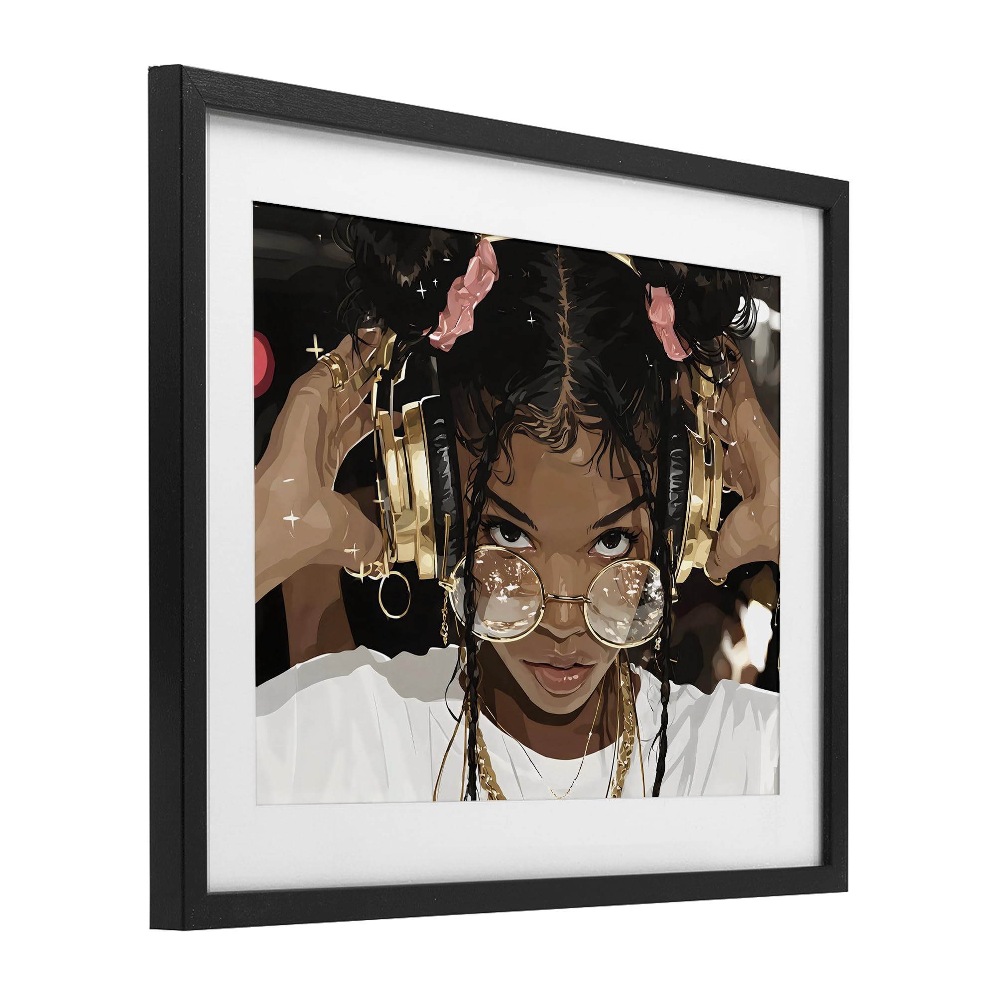 Affiche encadrée « Trendy Girl with Gold Headphones, 43,2 x 53,3 cm » sous