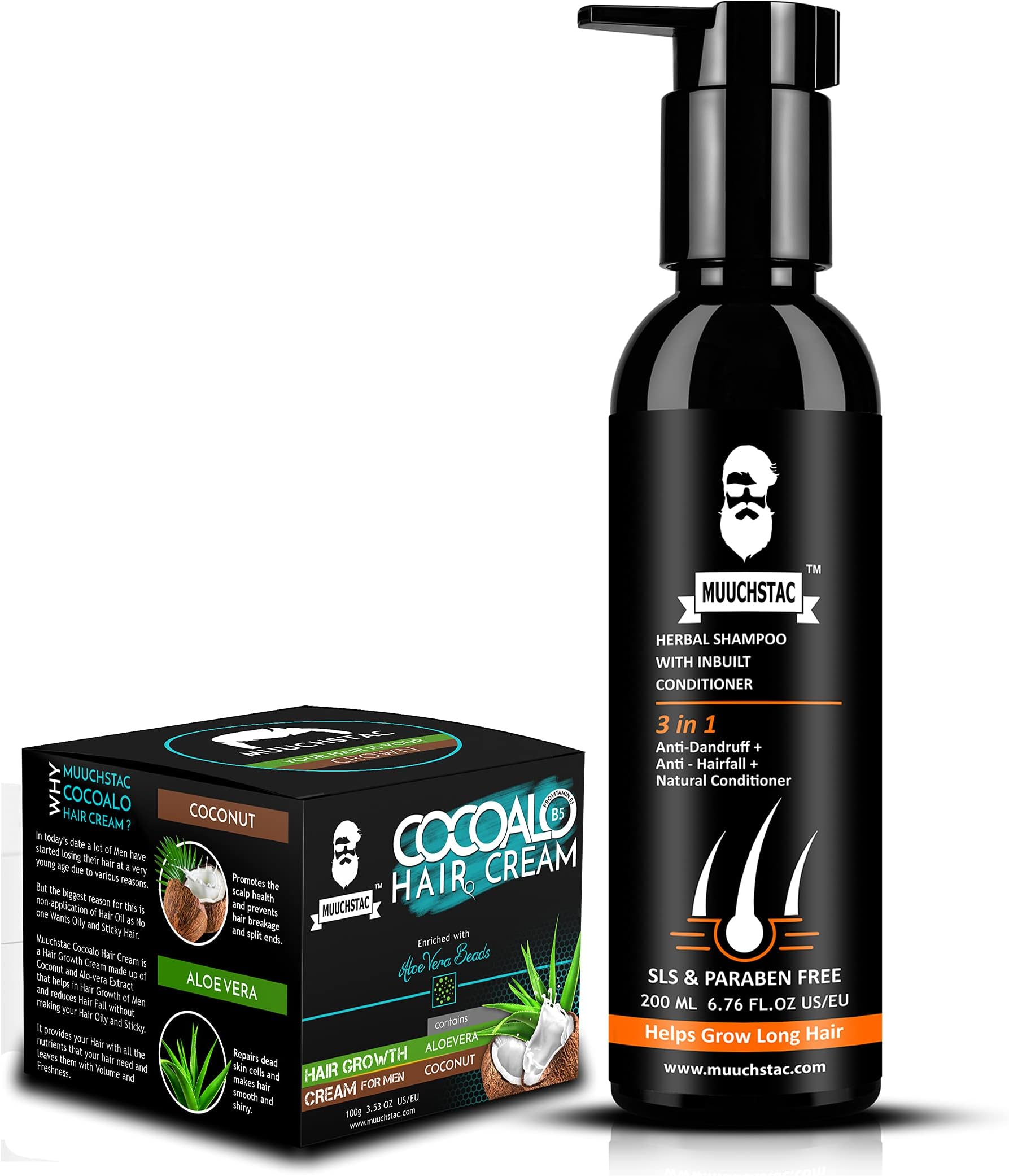 Muuchstac Anti-Dandruff & Anti-Hairfall Herbal Shampoo With Inbuilt Conditioner (182 Ml) & Cocoalo Hair Cream For Hair Growth And Hair Styling (80 G, 100)