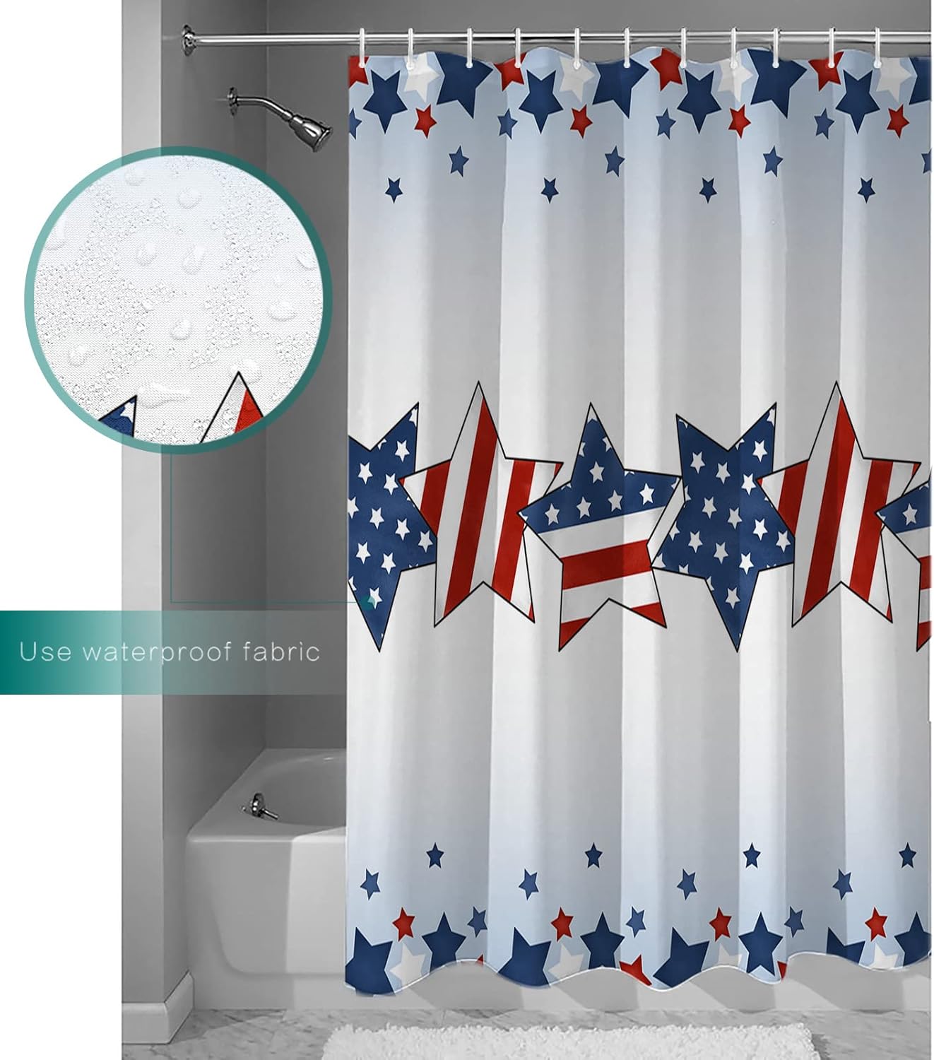 Double Love Independence Day Bathroom Curtain 96 Inch Shower Curtain with 12 Hooks, Waterproof Polyester Bath Curtain Washable Bathtub Curtain Patriotic Memorial Stripes Stars Red Blue 72''x 96''