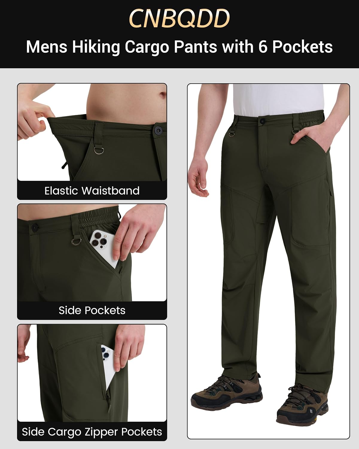 CNBQDD Mens Hiking Pants Quick Dry Water Resistant Lightweight Nylon Cargo Pants Breathable Work Travel Pants with 6 Pockets image 4