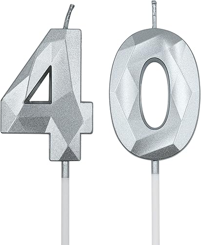 Velas de cumpleaños número 40 para pastel, vela plateada con forma de diamante 3D con forma de diamante, suministros de fiesta para mujeres u hombres