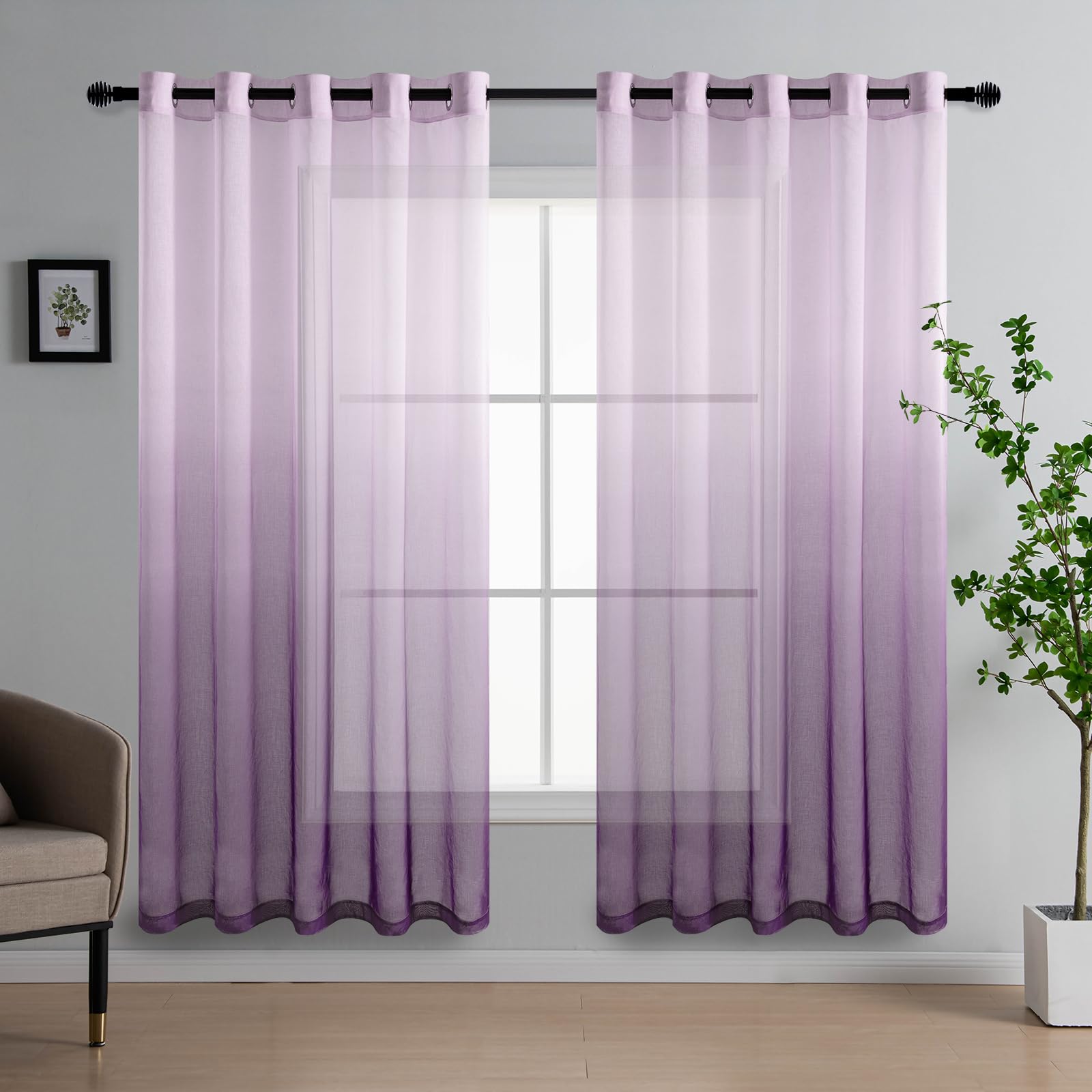 DWCN Voile Net Curtain 72 Drop Pair Purple Gradient Curtains for Living Room Sheer Curtains for Bedroom Eyelet Set of 2, 66 x 72 Inches
