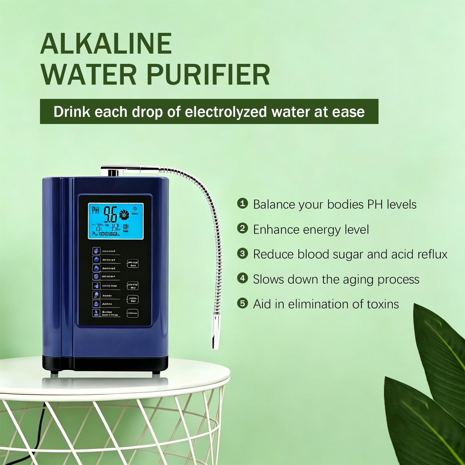 Ionizzatore d'acqua alcalina, meccanismo di filtrazione domestico che produce acqua con pH da 3,5 a 10,5, ORP fino a -500 mV, 7 impostazioni dell'acqua, 8000 litri per filtro, autopulizia Silver