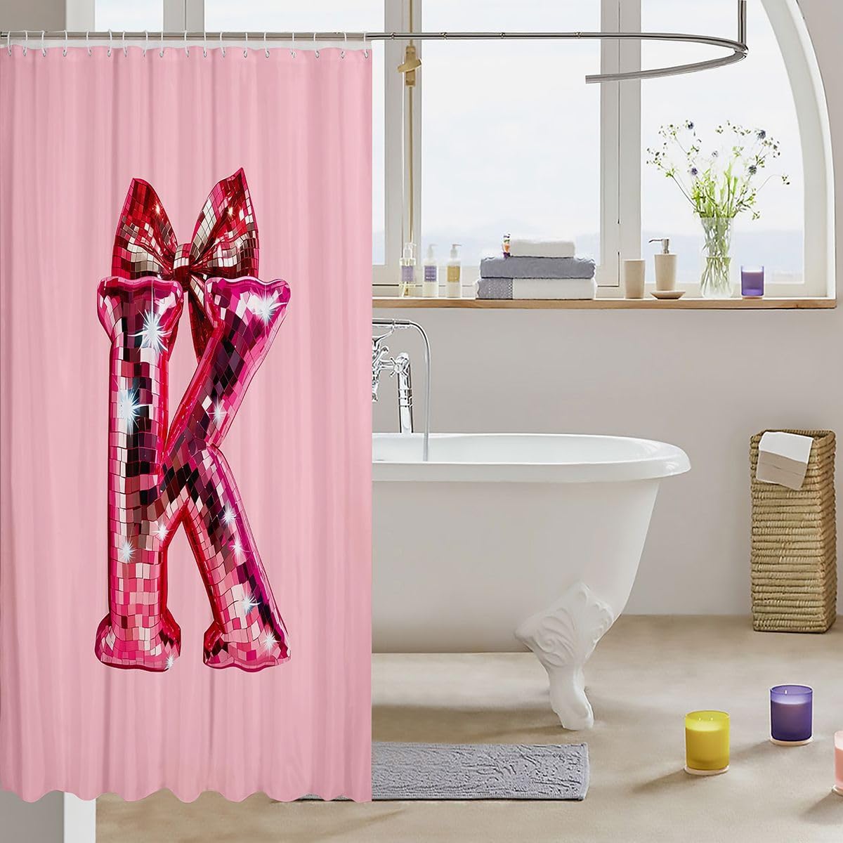 Feelyou Kawaii Pink Bow Shower Curtain for Bathroom Decor Personalized Initial K Bath Curtain Monogrammed Bathroom Accessories Cute Coquette Bow Knot Waterproof Polyester Fabric with 12 Hooks 72"x72" image 3