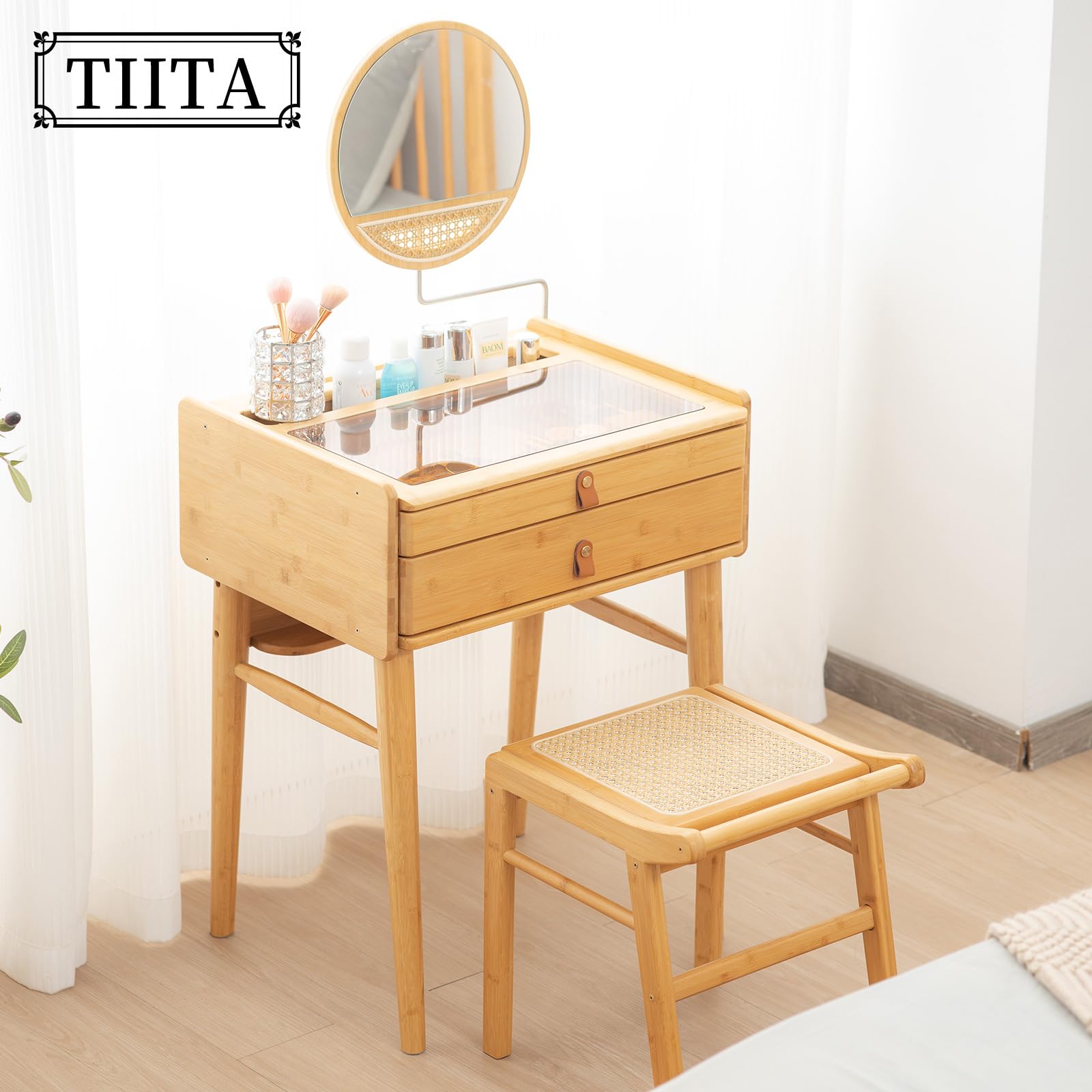 Escritorio de tocador, mesa de tocador de maquillaje con espejo, tocador con 2 cajones, moderna madera para dormitorio, tocador vintage para mujeres y niñas 8