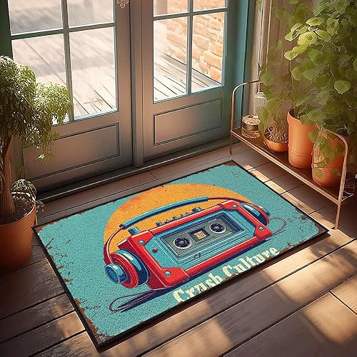 Tapete para puerta de entrada al aire libre, divertido boombox vintage con auriculares contra un vibrante telón de fondo, tapete rústico para