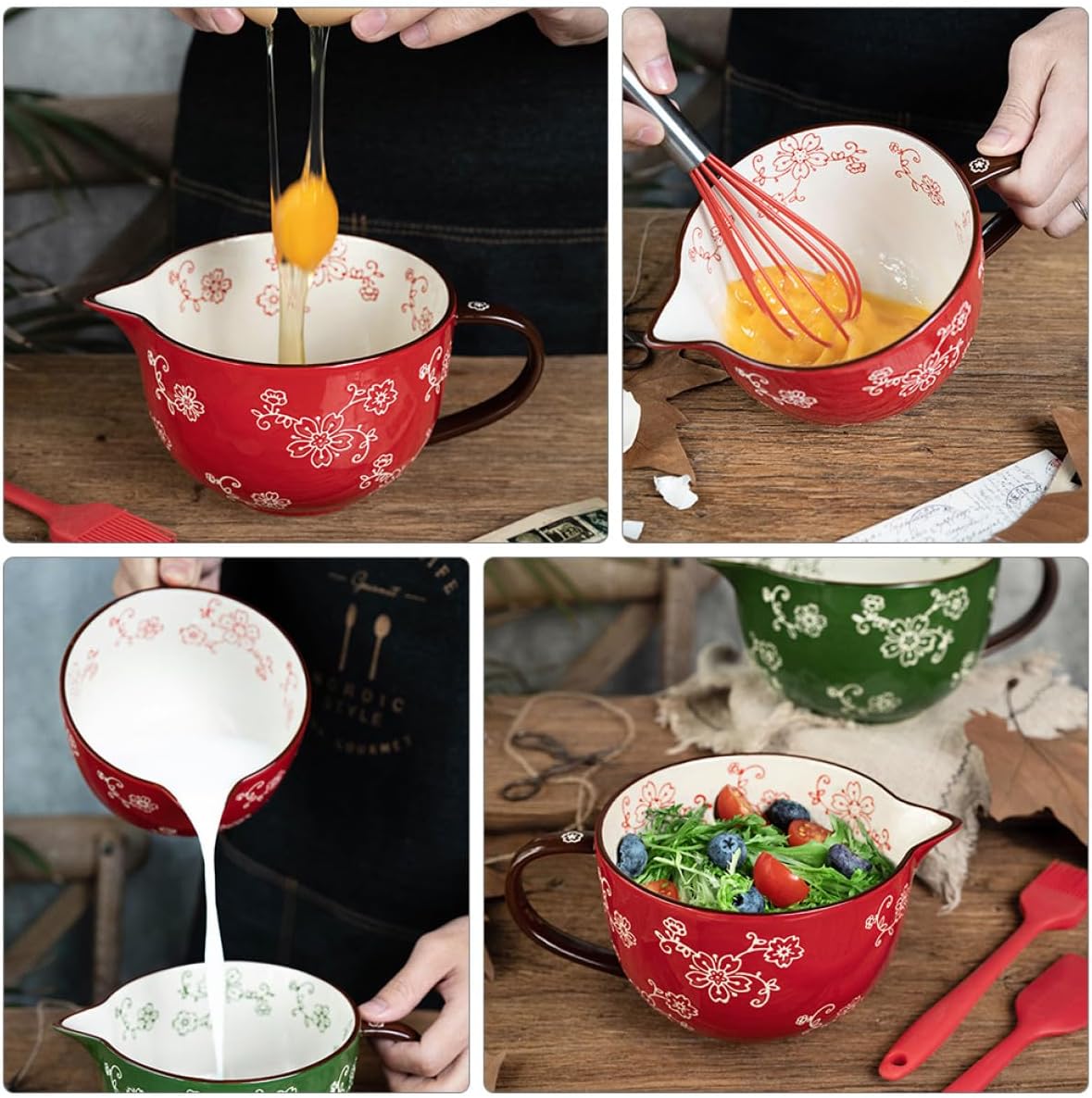 Ceramic Mixing Bowl with Pour Spout and Handle, Mixing Holder Kitchen Food Serving Bowl for Home Cooking and Baking