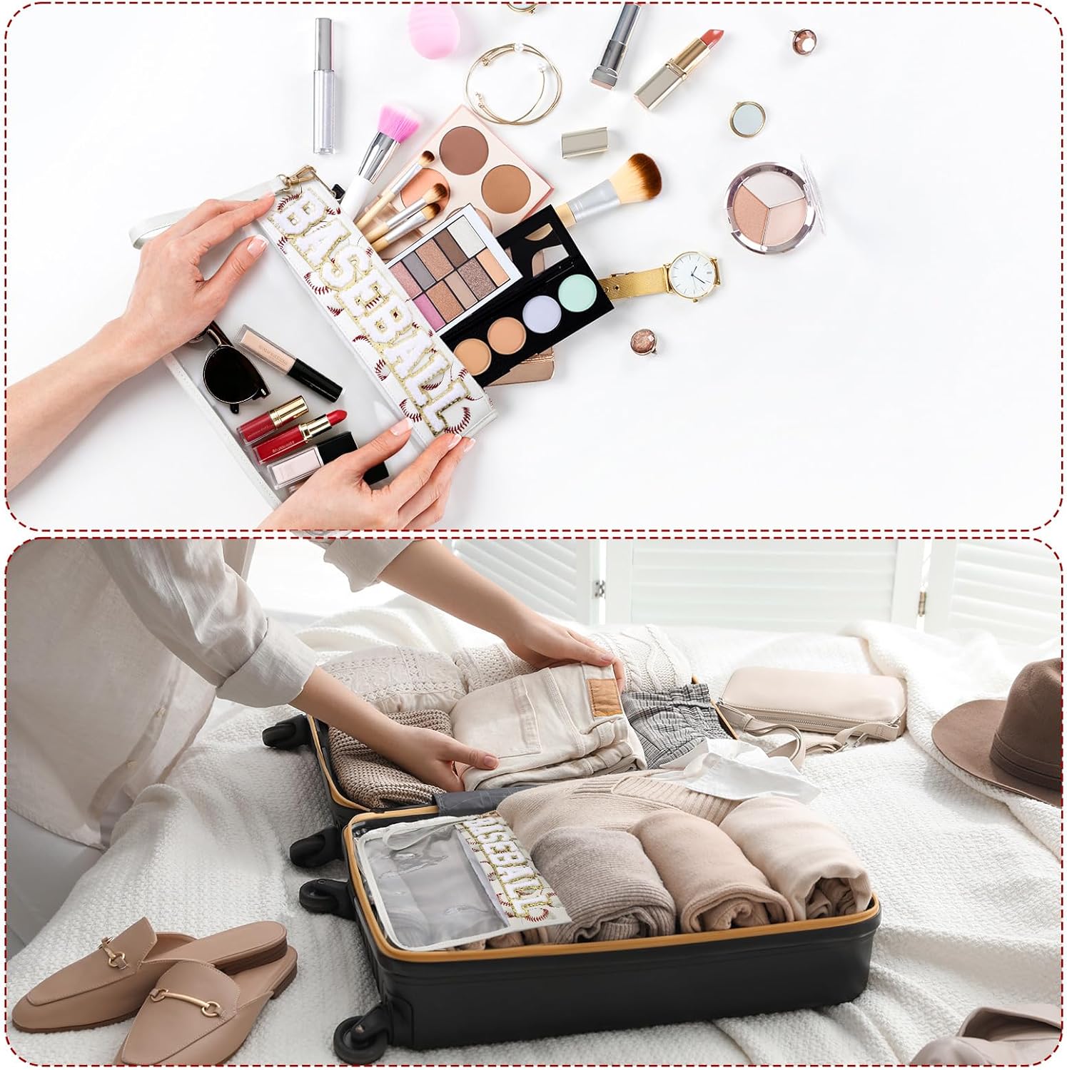 3 Pcs Baseball Gifts Cosmetic Makeup Bag with Chenille Letter Clear Baseball Pouch PVC Organizer Purse Waterproof Travel Bag Portable Toiletry Storage Purse for Player Travel Party Supplies