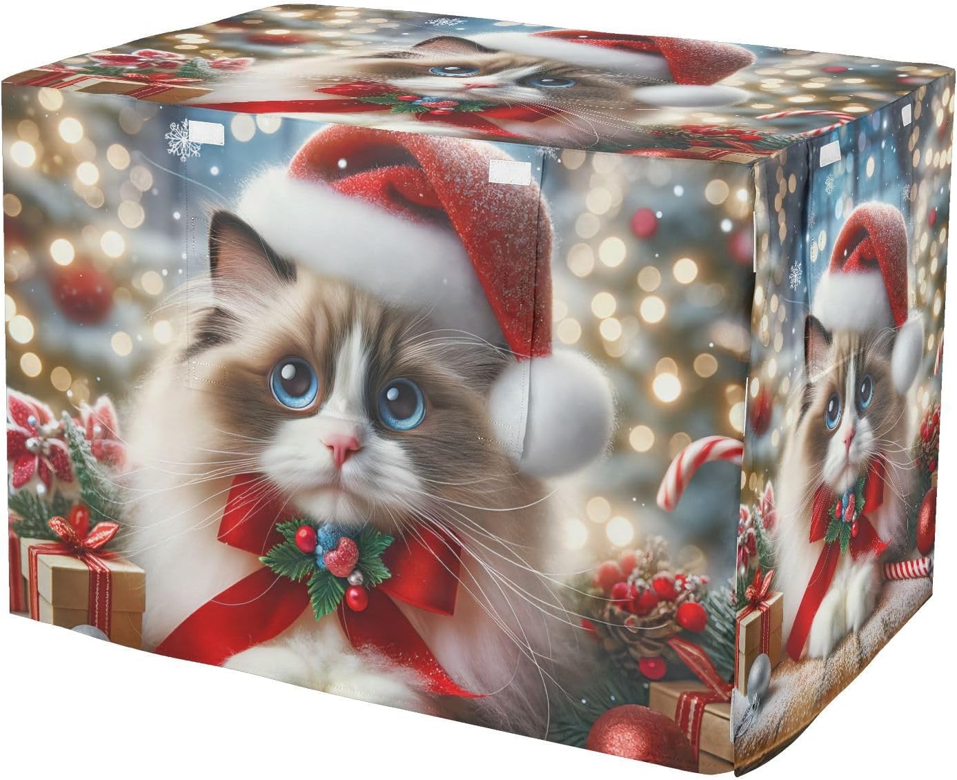 Festive Santa Cat Red Dog Crate Cover S-XL Water-Resistant Pet Cage Cover with Mesh Windows, Reduces Barking, Large