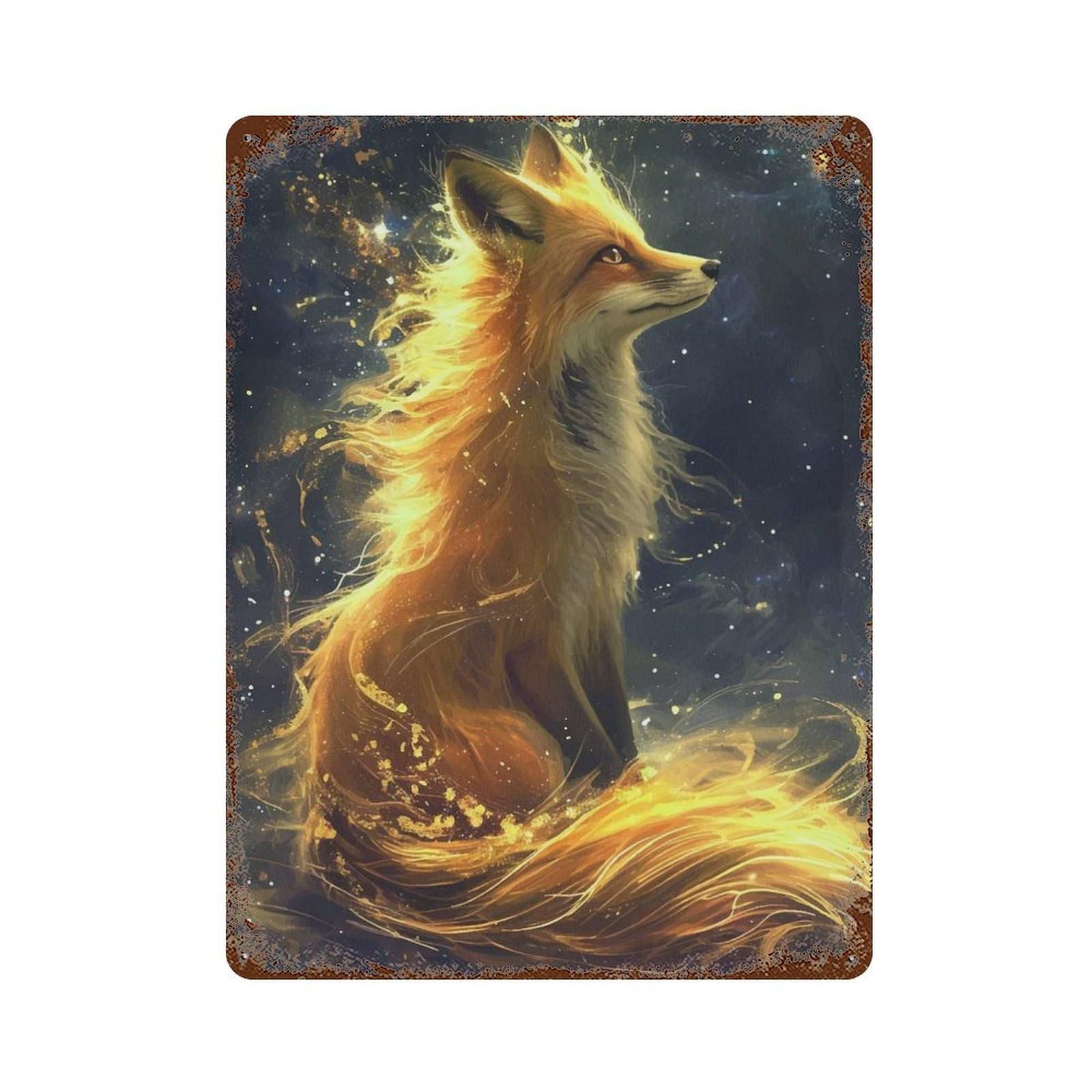 Rust Effect Kitsune Fox Colorfull Rustic Tin Plaque 15.7"x11.8", Industrial Home Decor for Bistro, Counter And Cafe Decor