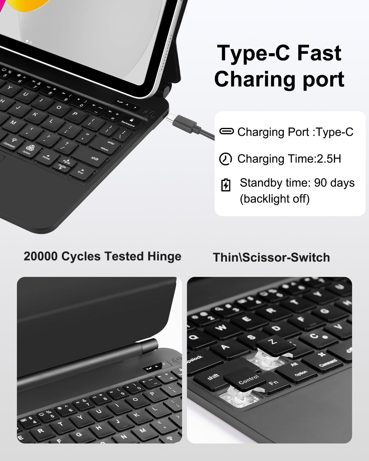 Magic-Style Keyboard Case for iPad 11th Gen A16 (2025)/10th Gen 10.9" (2022) with Floating Magnetic Cover, Rainbow Backlit & Multi-Touch Trackpad - Black