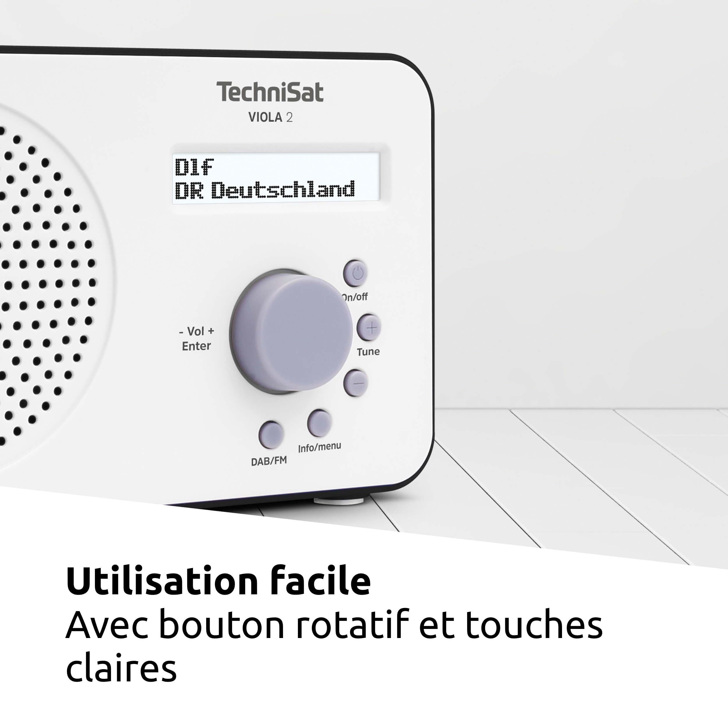 TechniSat VIOLA 2 - Radio DAB portable (DAB+, FM, Haut-parleurs, Prise casque, Ecran sur 2 lignes, Touche de commande, petit, 1 Watt RMS) blanc/noir