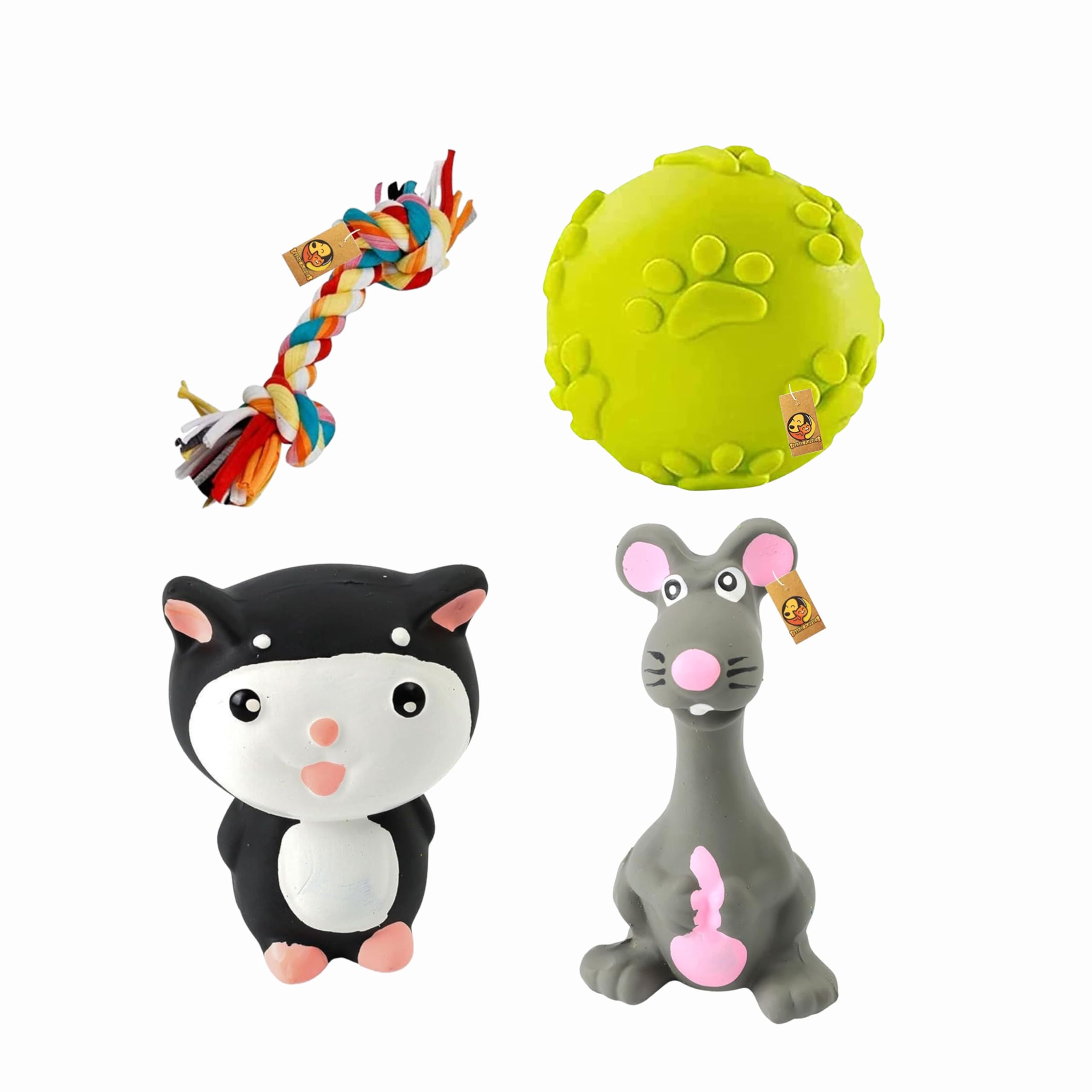 Foodie Puppies 4in1 Squeaky Chew Rope Dog Toys Combo - (Claw Ball, Kitty, Grey Mouse & 2Knot Rope) Soft Rubber, Interactive, Chewing, Teething, Fetch Play Toy for Small Dogs and Puppies