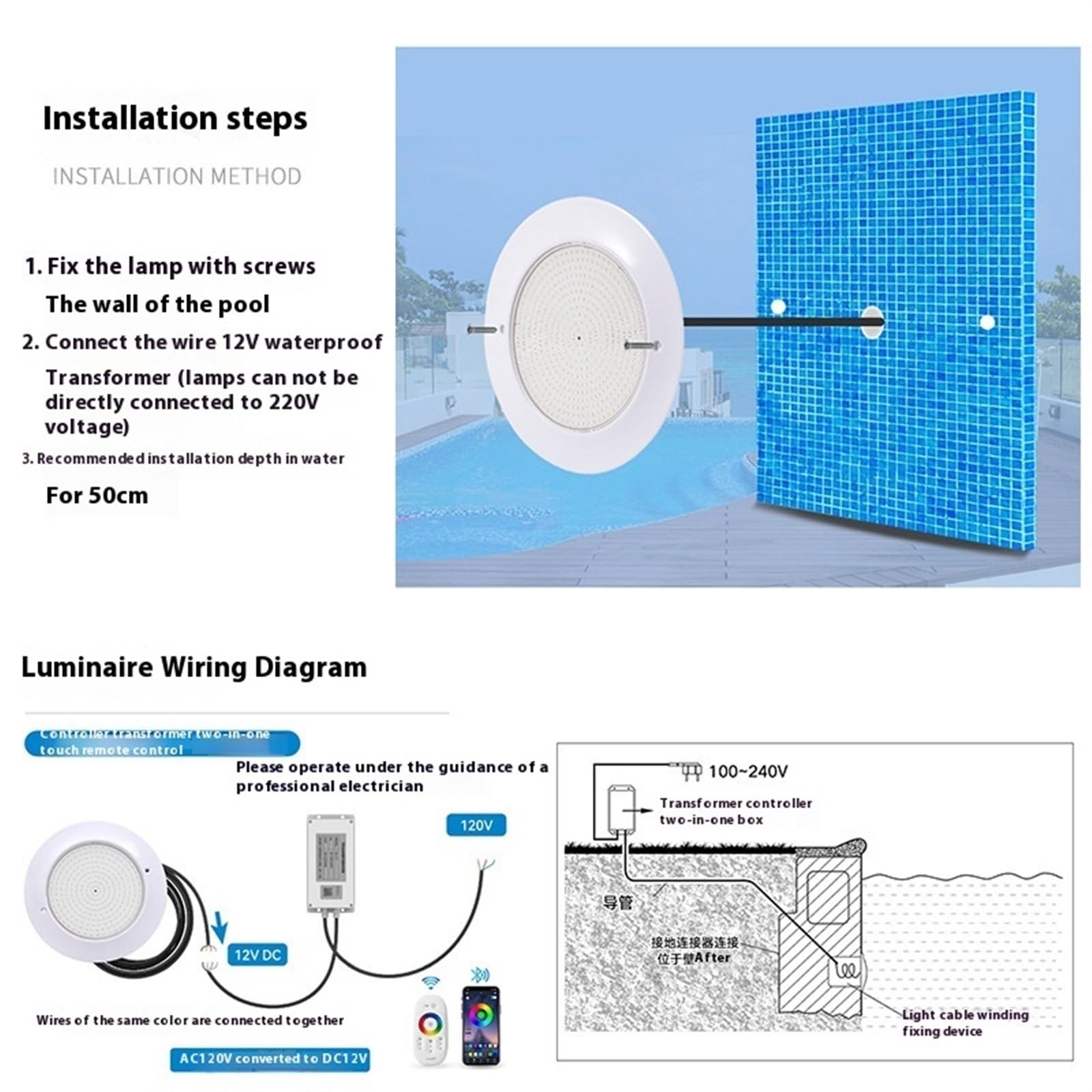 Poolbeleuchtung, Unterwasser-12-V-Niederspannungs-Schwimmbadlicht, farbenfrohe Bluetooth-App, ultradünnes, wandmontiertes Unterwasserlicht mit Vollkleber für Schwimmbad, Brunnen, Teich, Aquarium(Color