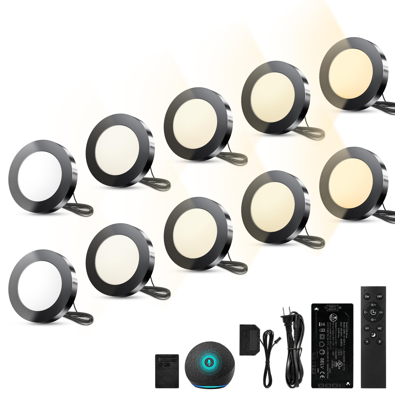 VST Smart Puck Lights, 10 Pack, 3000K-6000K Dimmable Under Cabinet&amp;Shelf Lighting, Compatible with Alexa&amp;Google Home, App&amp;Remote Control, 12V 2W, Recessed/Surface Mount, Black for Kitchen Display Case