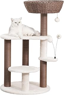 PetPals 5-Level 35" Cat Tree Tower with Paper Handwoven Basket Bed,Multi-Level Climbing Activity Tower with Replaceable Paper Rope Scratching Posts (Cream and Brown)