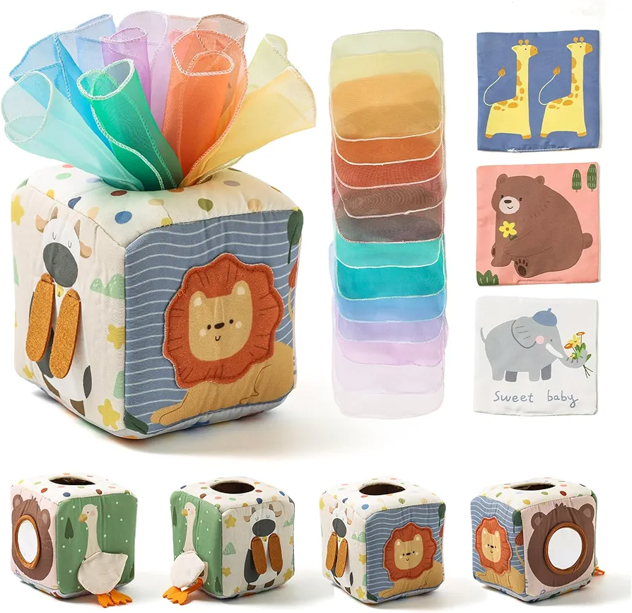 Montessori Spielzeug Baby Tücherbox,Baby Sensorik Spielzeug 6-12 Monate Motorikspielzeug Tissue Box für ab 1 2 3 Jahre Mädchen Jungen,Kinder Frühes Lernspielzeug Geschenke mit Spiegel,Farben,Texturen
