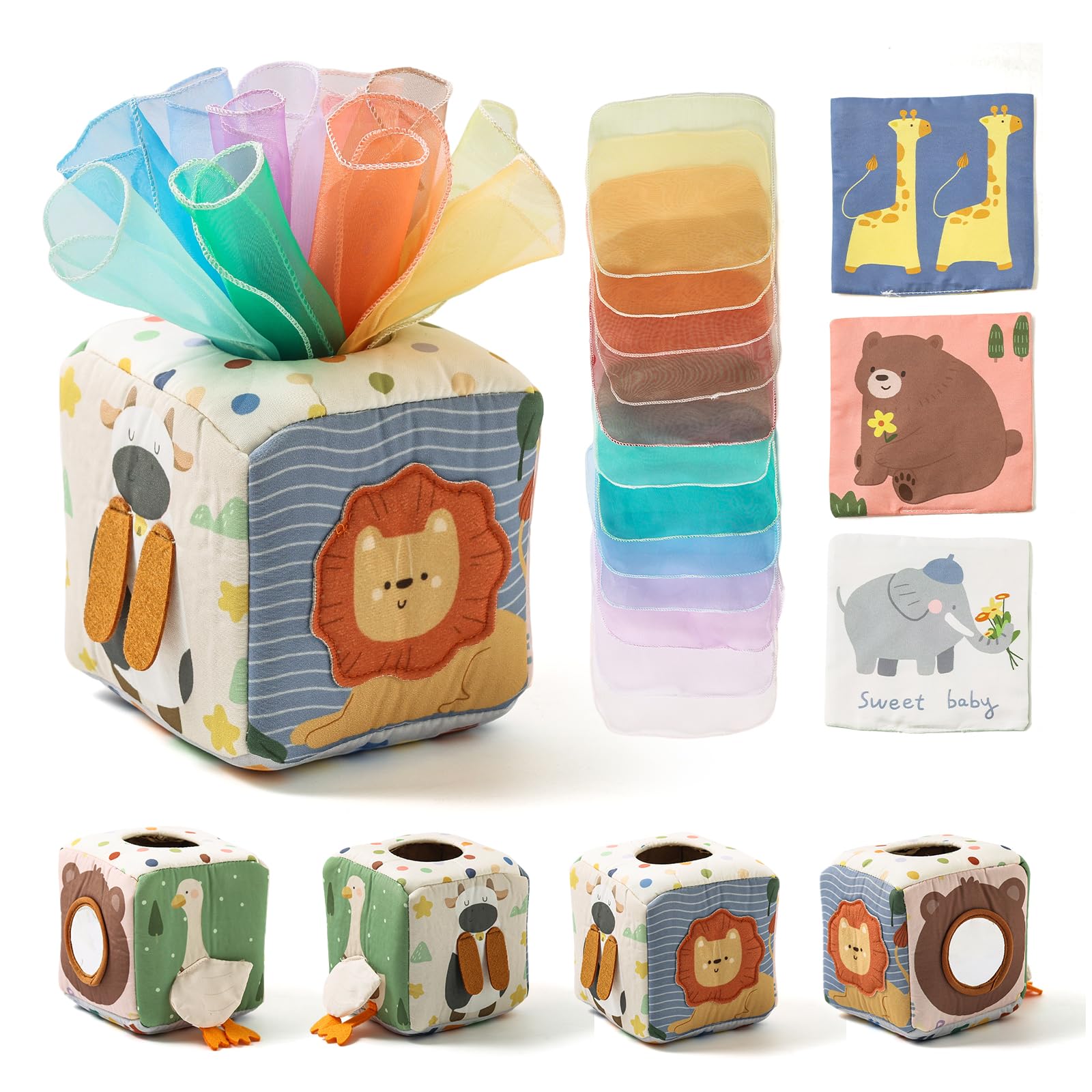 Boîte à Mouchoirs Sensorielle Montessori pour Bébé 0-12 Mois avec Miroir et Foulards