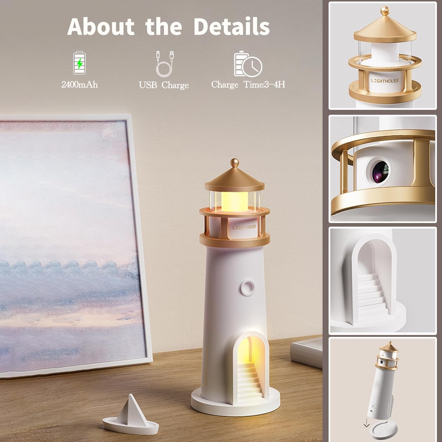 AVEKI Lighthouse Night Light for Kids Cute Lighthouse Lamp with Moon Projection 3 Levels Dimmable Wireless Table Lamp for Room Decor Rechargeable Led Moon Night Light Projector Gift for Kids Women