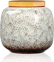 TkoYuHm 6oz Flambe Glaze Ceramic Tea Canister with Airtight Bamboo Lid - White Vintage Jar for Loose Tea, Matcha, Coffee Beans