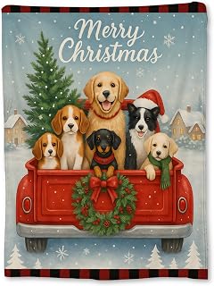 Christmas Dogs Blanket, Soft Lightweight Flannel Cute Puppies in Red Truck Throw Blanket for Couch, Bed, Travel & Home Decor, Cozy Warm Fuzzy Holiday Blankets Gifts for Women Girls Dog Lovers 50×40 in