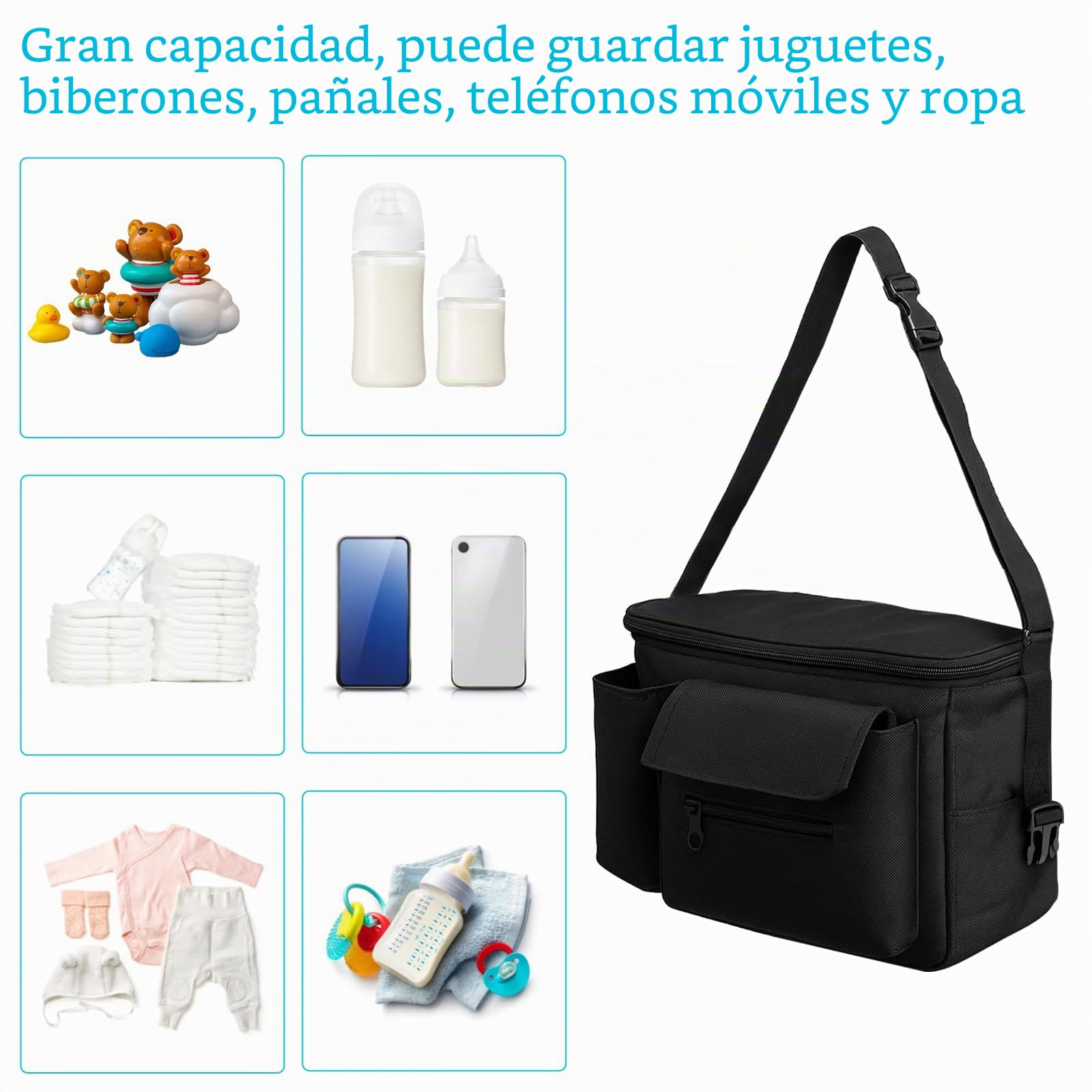 bolsa carro bebe, bolso carrito bebe, bolso para carro bebe, bolso bebe, bolsa carrito bebe, bolsos carro bebe Compatible con Doona, Baby Jogger y Uppababy (negro)