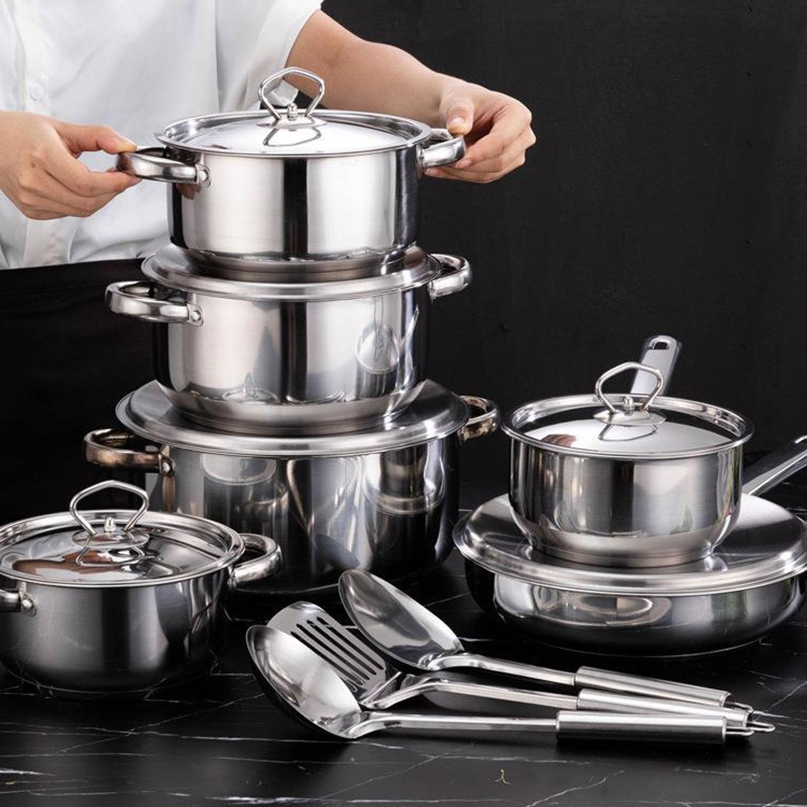 Socobeta Juego de Sartenes y Ollas de Cocina, Elegante Solución Multiusos de Acero Inoxidable para Cocineros Profesionales