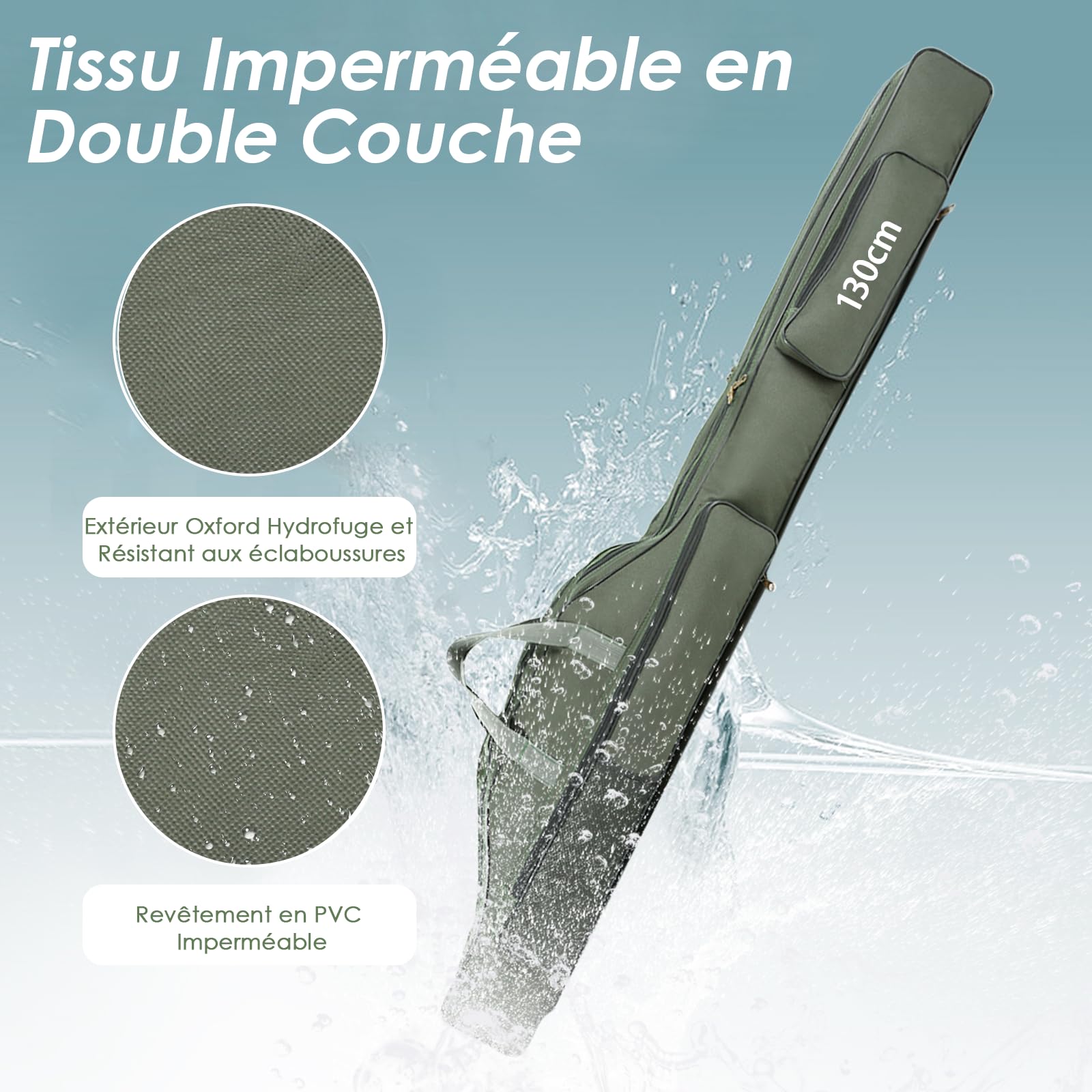 Sac de pêche pour Cannes avec boîte de Rangement, 80 cm/100 cm/130 cm/150 cm, Housse de Transport 3 Compartiments avec bandoulière, Pliable et imperméable, pour pêche en extérieur