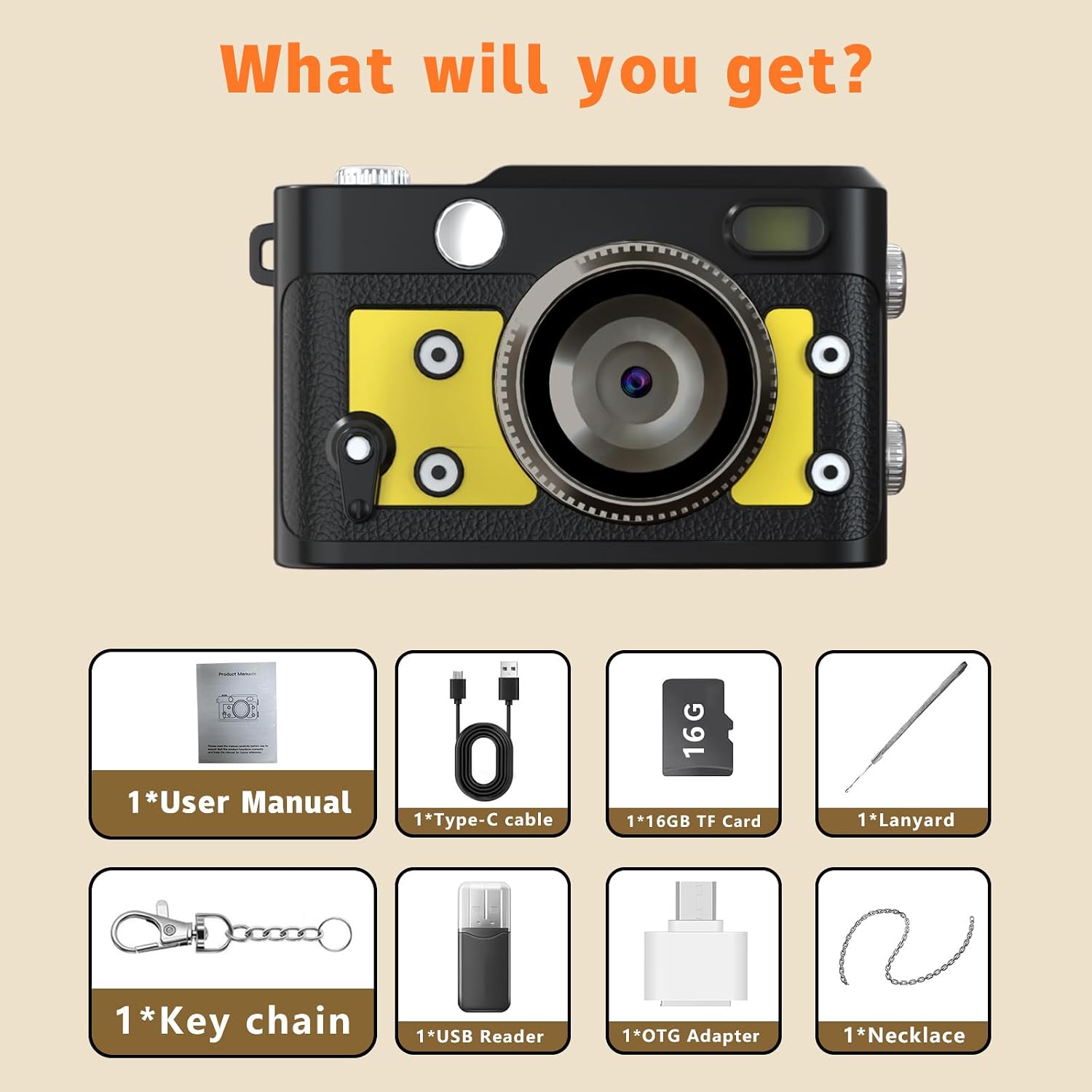 Mini Retro Keychain Camera - 1080P FHD Tiny Digital Camera with 2MP Lens, 0.96" Screen & OTG Adapter with 16GB Card, Vintage Compact Camera Gift for Birthdays,Beginners,Kids (Yellow)