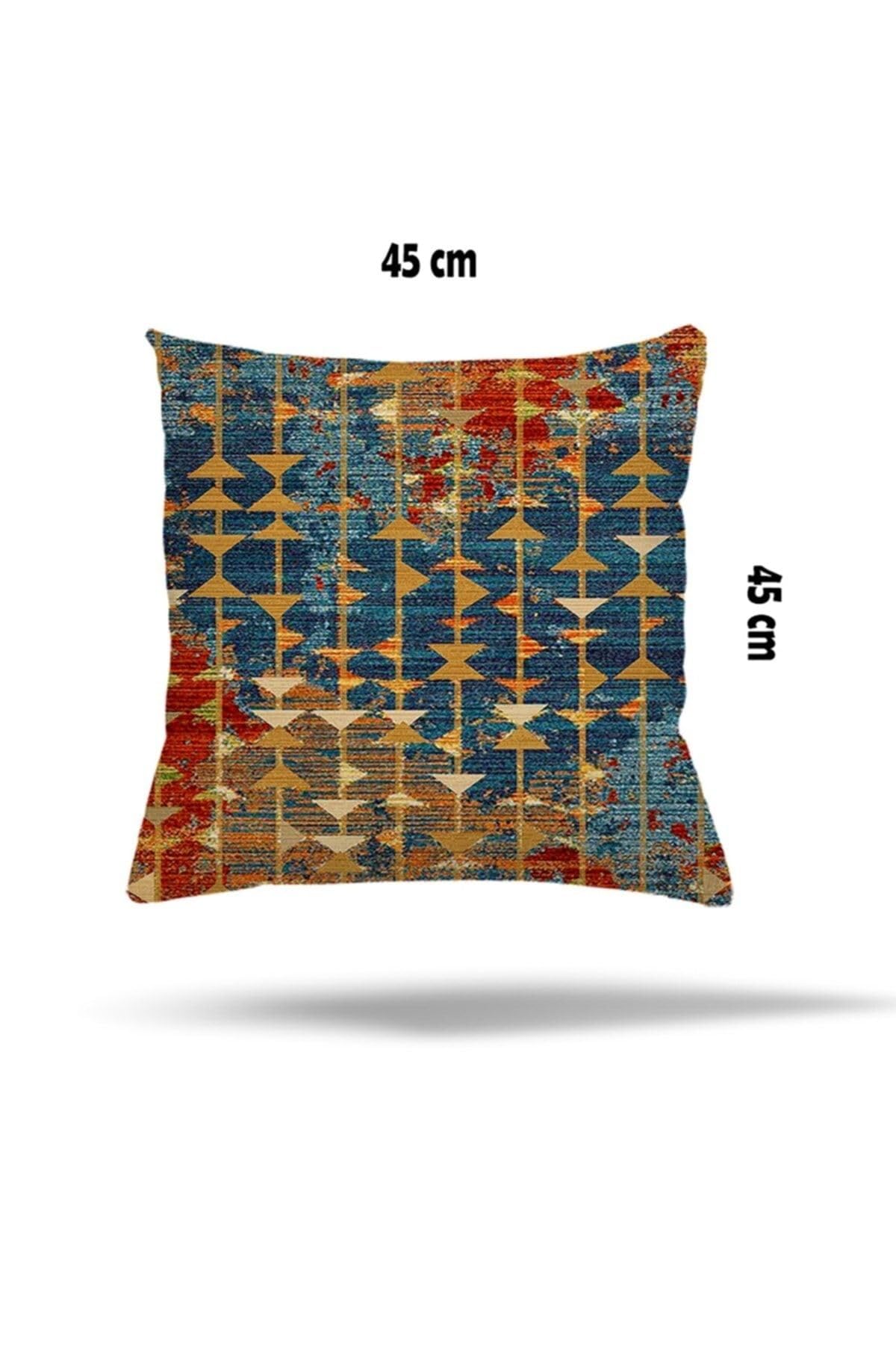 Pelangi Patchwork Çiçek Desen Etnik Gizli Fermuarlı Yastık Kılıfı Kırlent Kılıfı Koltuk Yastık Kılıf, Petrol Mavisi-Turuncu 45 x 45