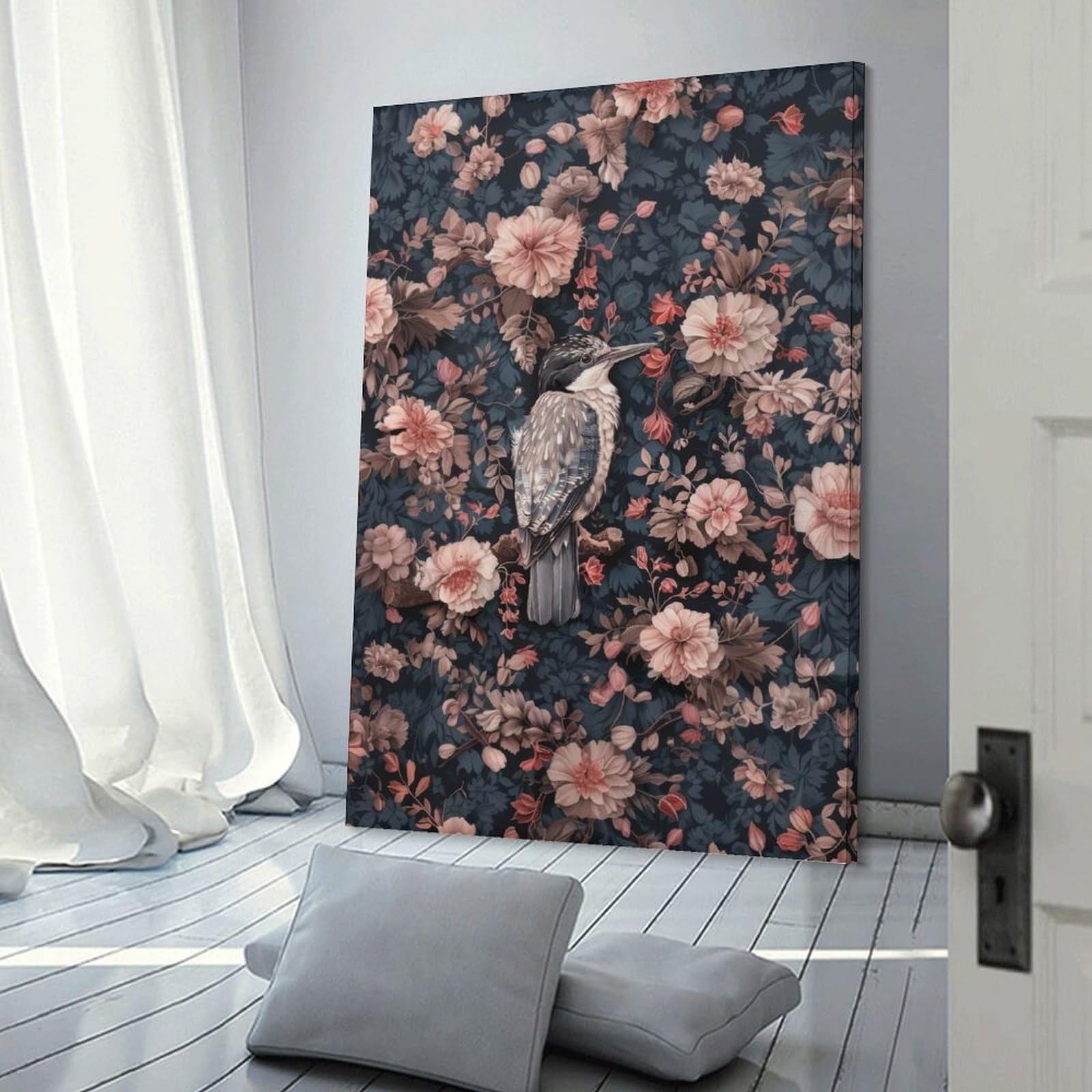 Junmoney Frame-Style-24 Kingfisher Bird On Floral Background Canvas Wall Picture, 12X18inch(30X45cm), For Study, Office Or Focused Interiors, Home Office Artwork With Decorative Appeal