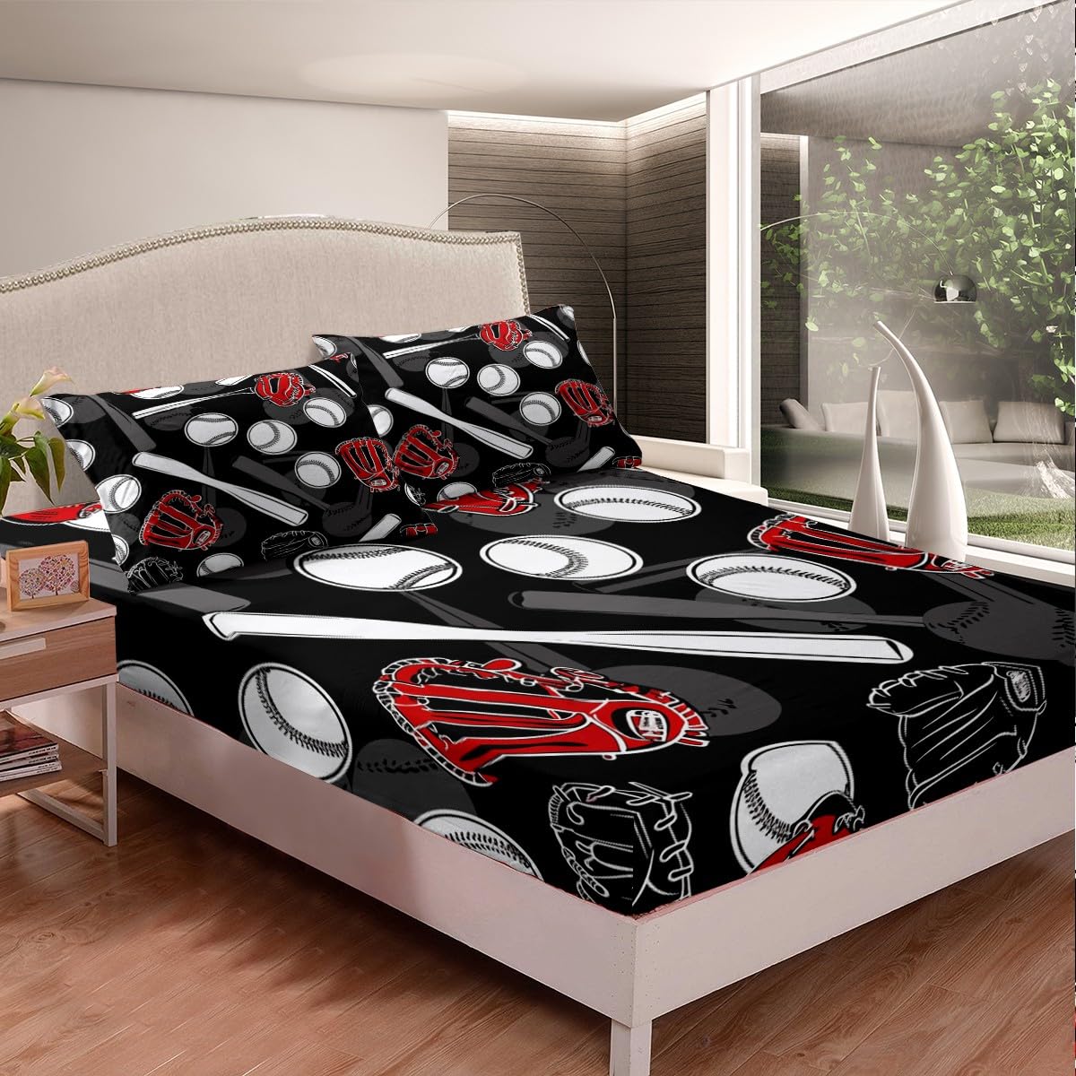 Erosebridal Baseball-Bettlaken King Size Softball Bettlaken Set Sportschläger für Kinder Jungen Teens Herren Ballspiel Spannbetttuch Rot und Schwarz Bettwäsche Set Bettlaken 4-teilig Bettlaken