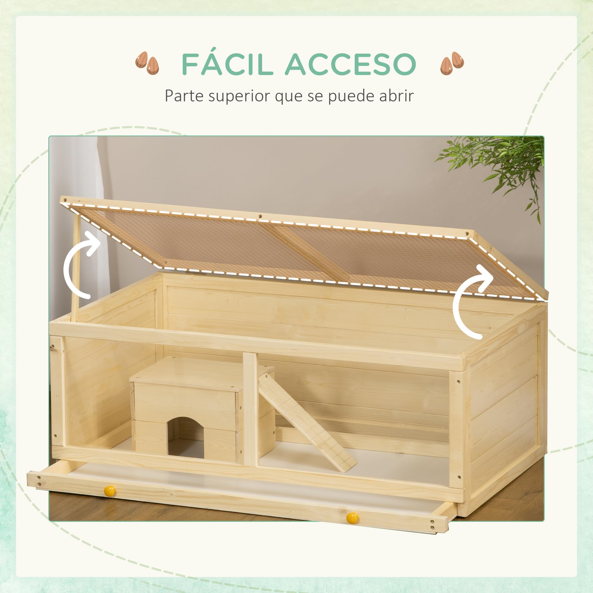 PawHut Jaula para Hámster con Panel de Acrílico 100x58x38 cm Casa para Hamsters de Madera con Tapa Abatible Bandeja Extraíble y Nido para Chinchillas Conejos Natural