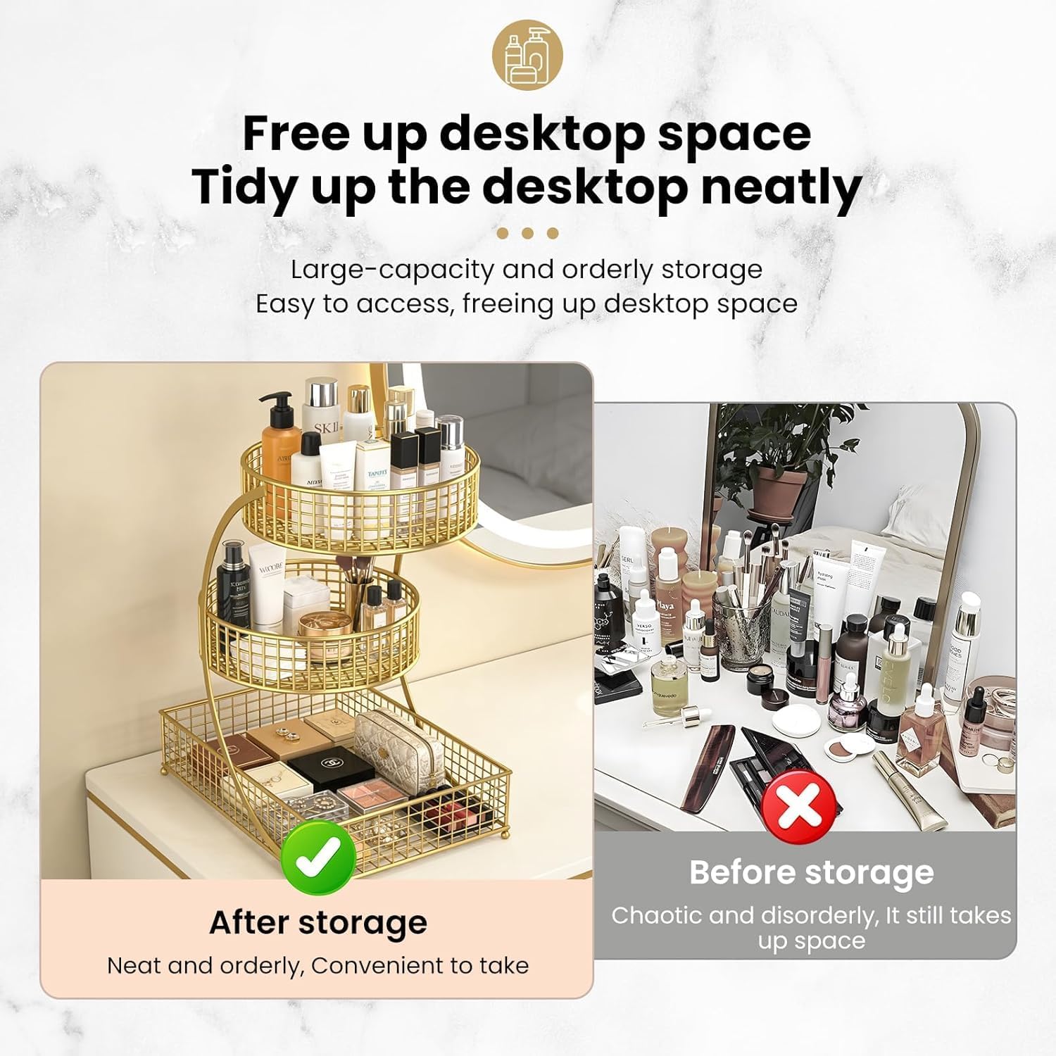 Makeup Organizer Countertop for Vanity, 3 Tier Metal Bathroom Countertop Organizers Skincare Storage Holder Perfume Cosmetic Display, Multi-Use Storage Rack for Bedroom & Kitchen (Gold(Redonda))
