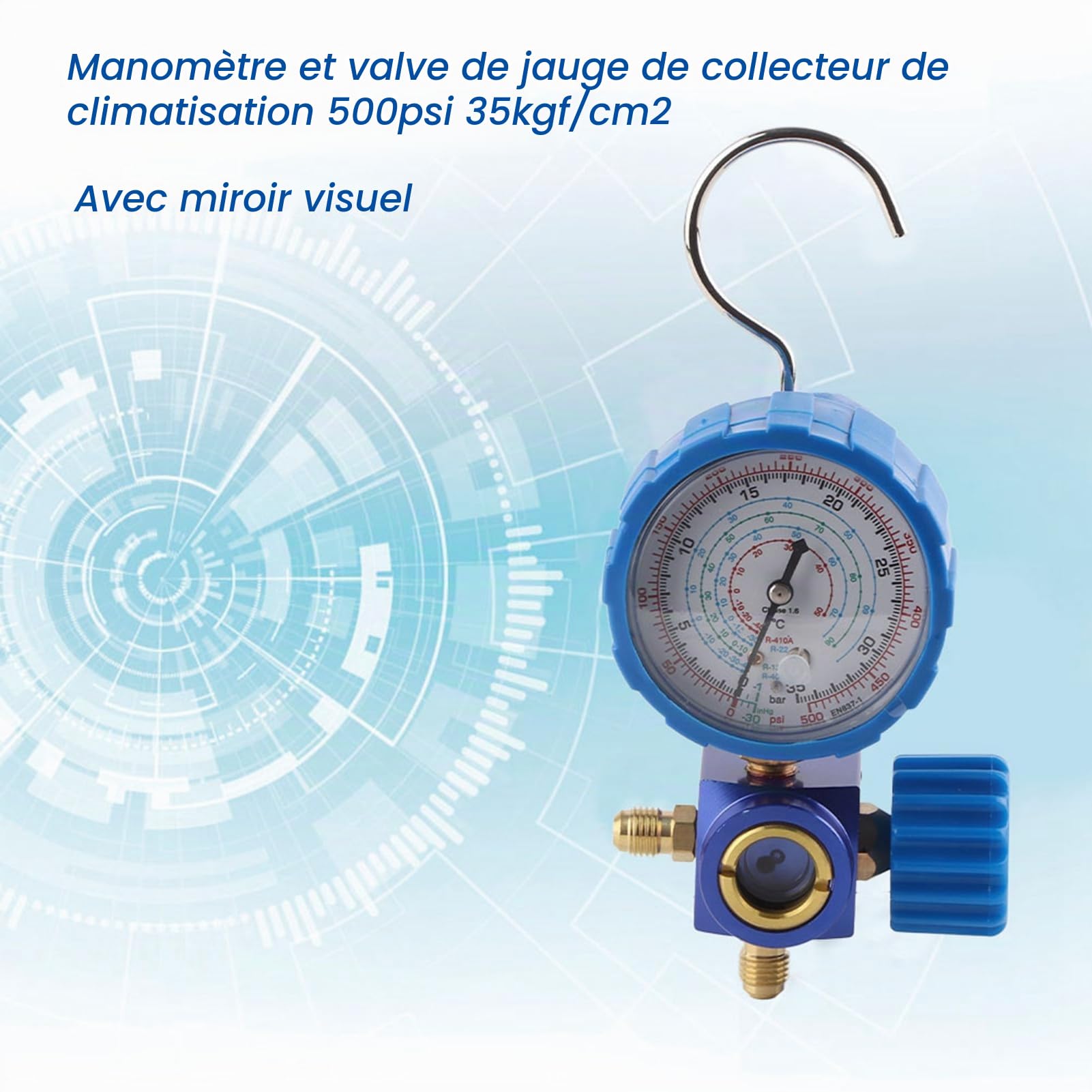 Manomètre de collecteur de climatisation, 500 psi 35 kgf/cm² Manomètre climatisation Couteau de jauge de collecteur de réfrigérant avec crochet, pour R12 R502 R22 R410 R134A