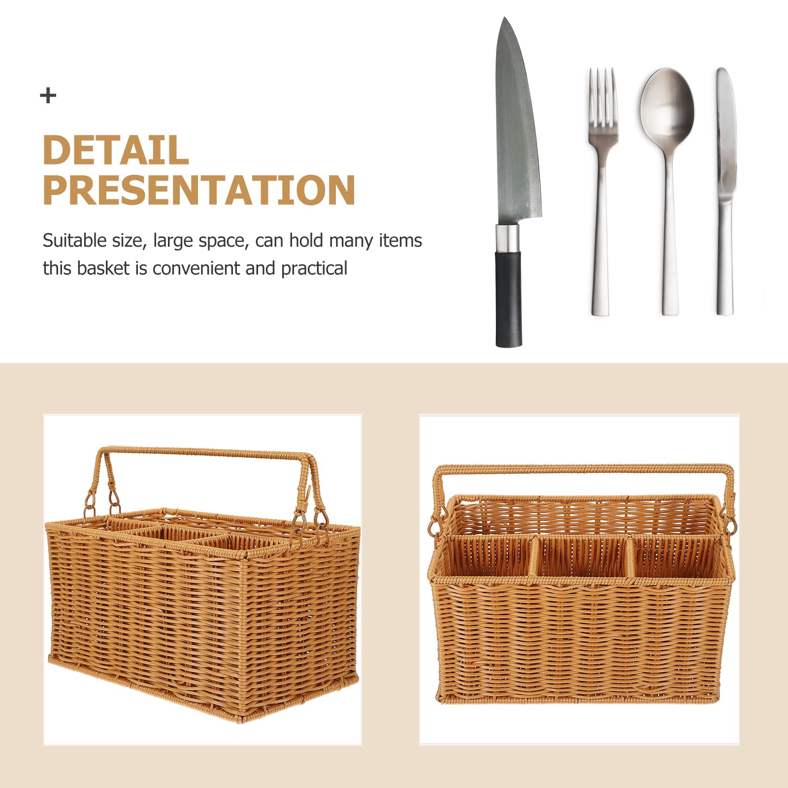 TOPBATHY Cesta Organizadora De Cubiertos De Imitación De Mimbre Con Asa 11.6X6.9X6.1 Pulgadas Para Cocina Y Picnic Estilo Rústico Con Compartimentos Separados