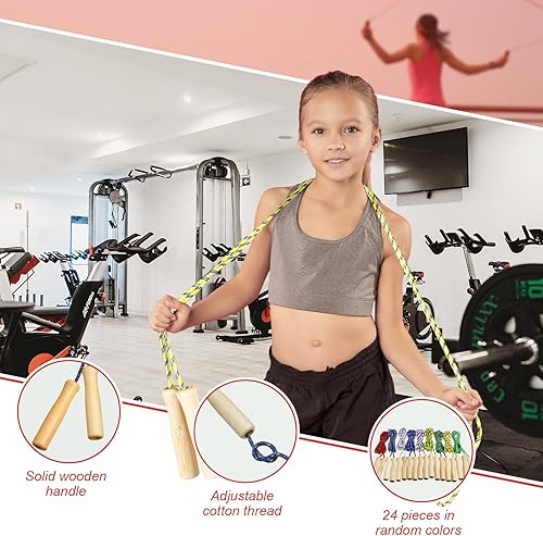 Miniatura 3 de Shappy 24 cuerdas de saltar para niños, cuerda de saltar ajustable de algodón de 7.25 pies con mango de madera, cuerda de salto trenzada para niños
