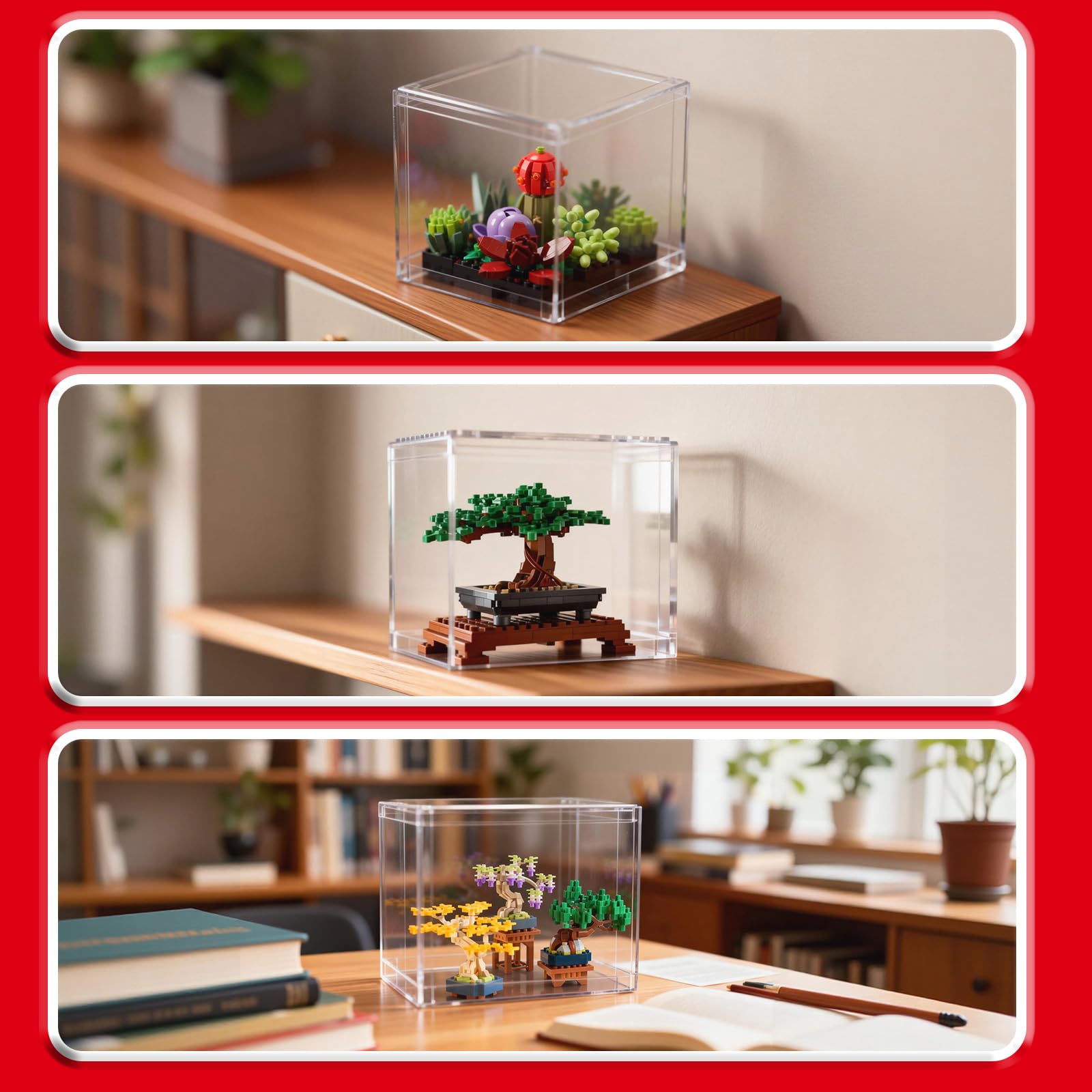 BRIKSMAX Lot de 2 vitrines avec housse anti-poussière pour casque LEGO Botanical Series et Ferrari HP, vitrine transparente pour bonsaï, plantes grasses, sapin de Noël et casque, 20,1 x 20,1 x 20,1 cm