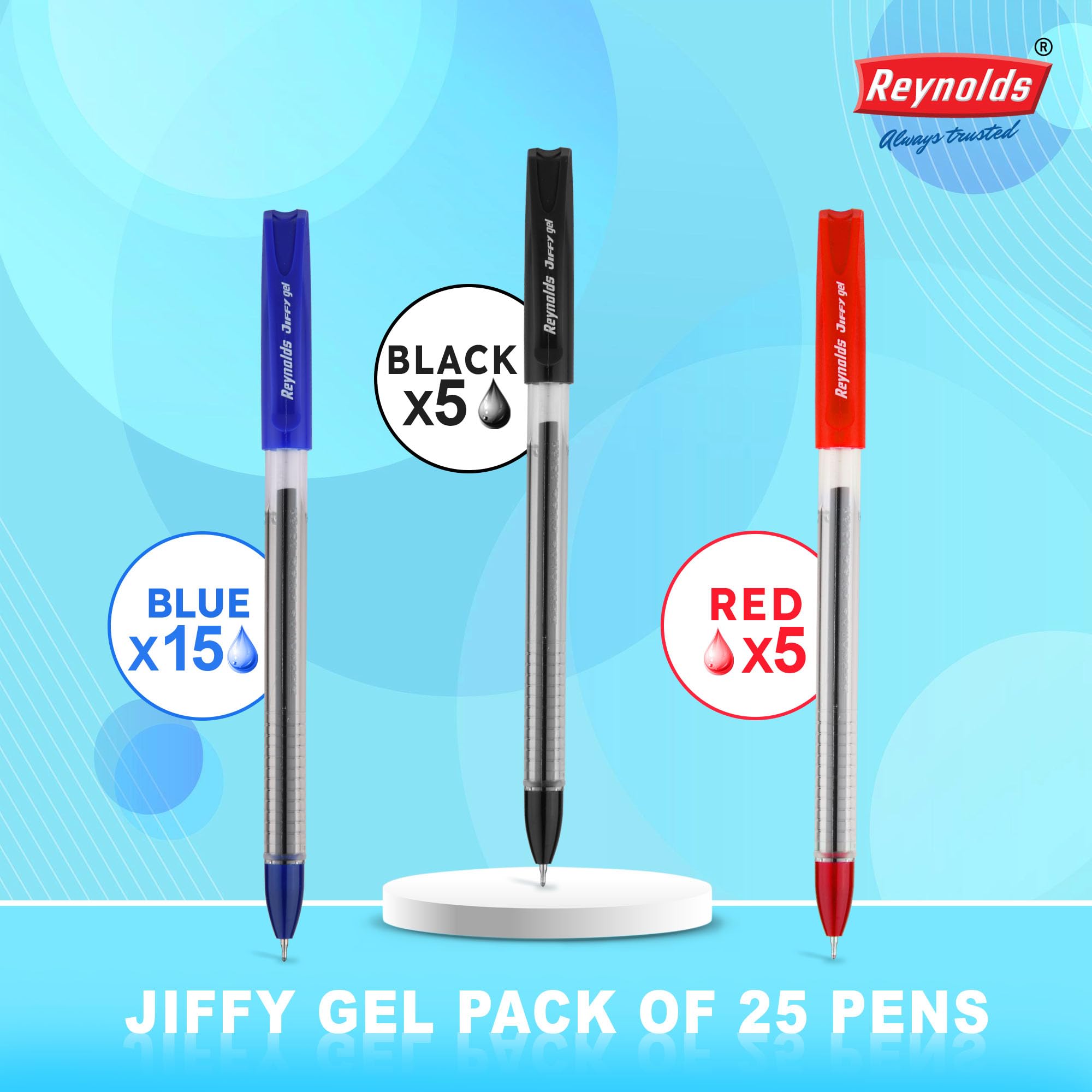 Reynolds Jiffy Gel 25 Stifte – 15 blaue, 5 schwarze und 5 rote Gelschreiber I leichter Gelschreiber mit komfortablem Griff für extra glattes Schreiben I Schule und Büro Schreibwaren