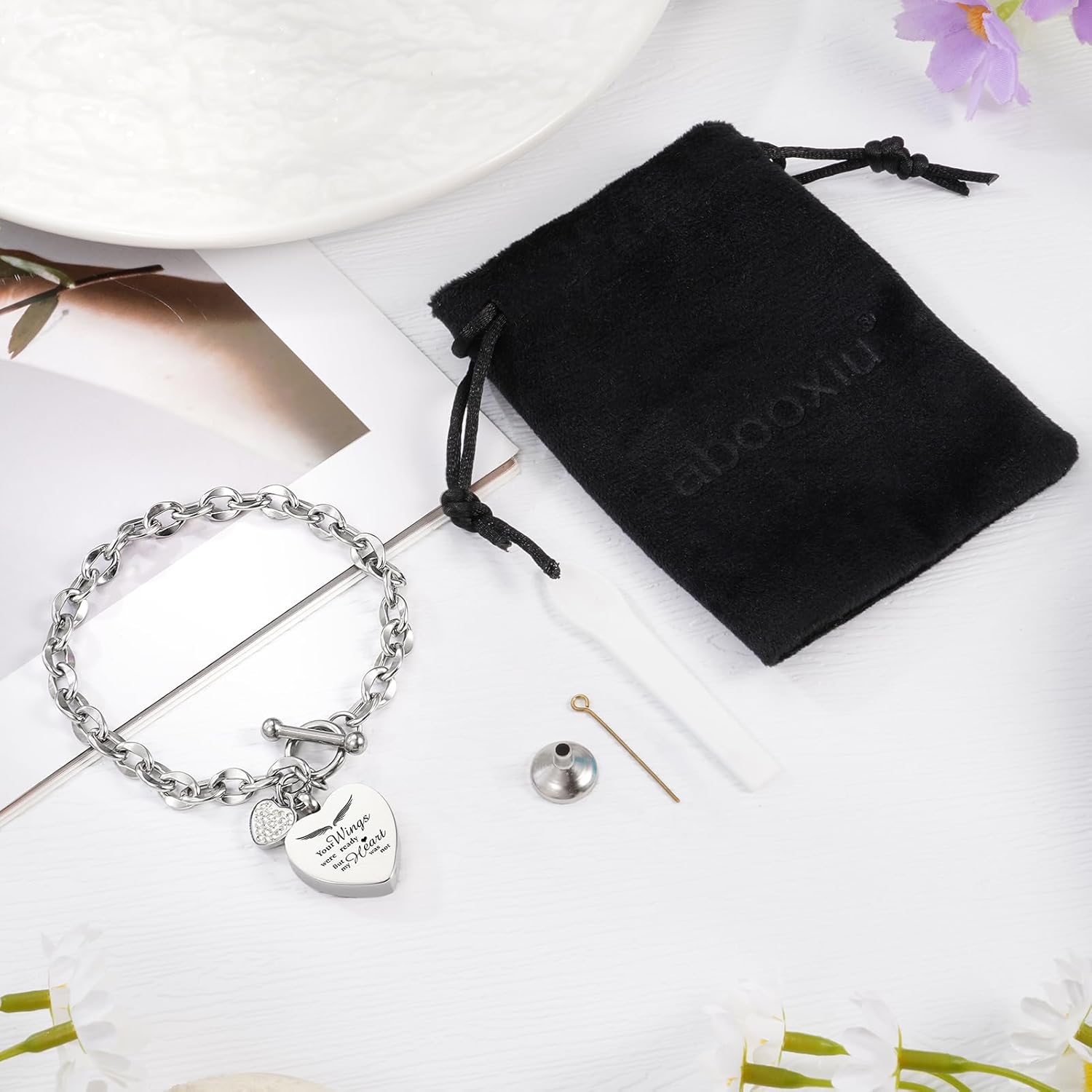 abooxiu Lock Urn Bracelet for Ashes - Crystal Heart Cremation Bracelet - Stainless Steel Memorial Ash Holder for Men Women - Silver - Image 7
