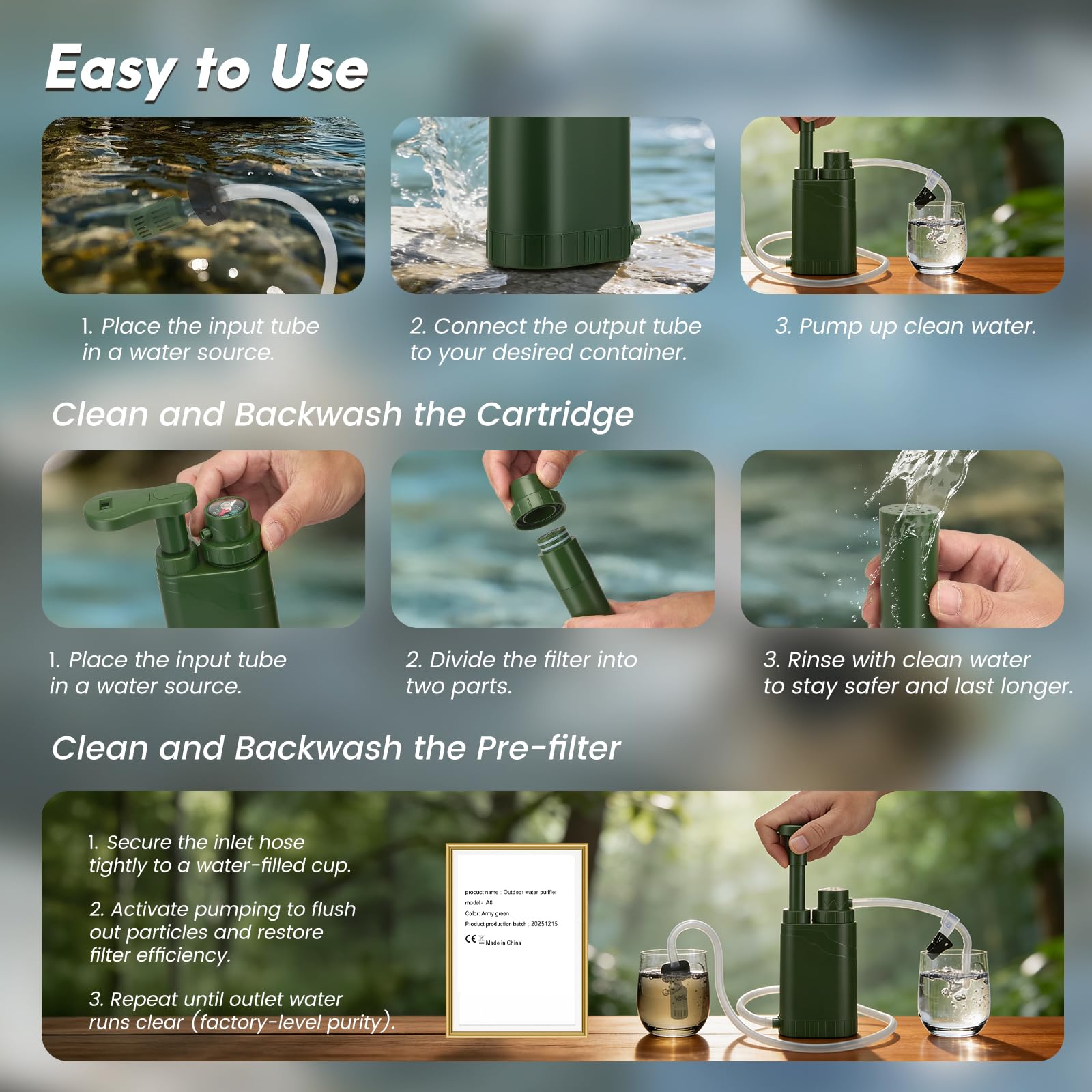 Filtro de agua de supervivencia para acampada, senderismo y trekking,filtro de 0,01 micras,filtro de agua de supervivencia de 2000 ml,filtro potabilizador de agua para acampada y emergencias
