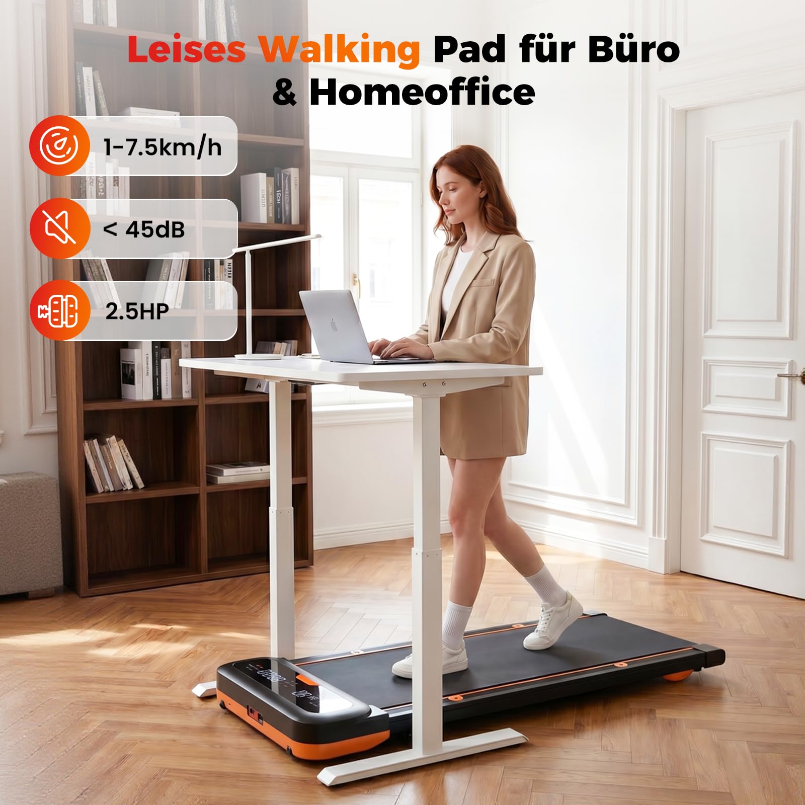 JAGJOG Unter Schreibtisch Laufband,kompakt und platzsparend | 7-15% Steigung,2.5-PS-Motor,6-7.5km/h,Fembedieung,bis 136kg