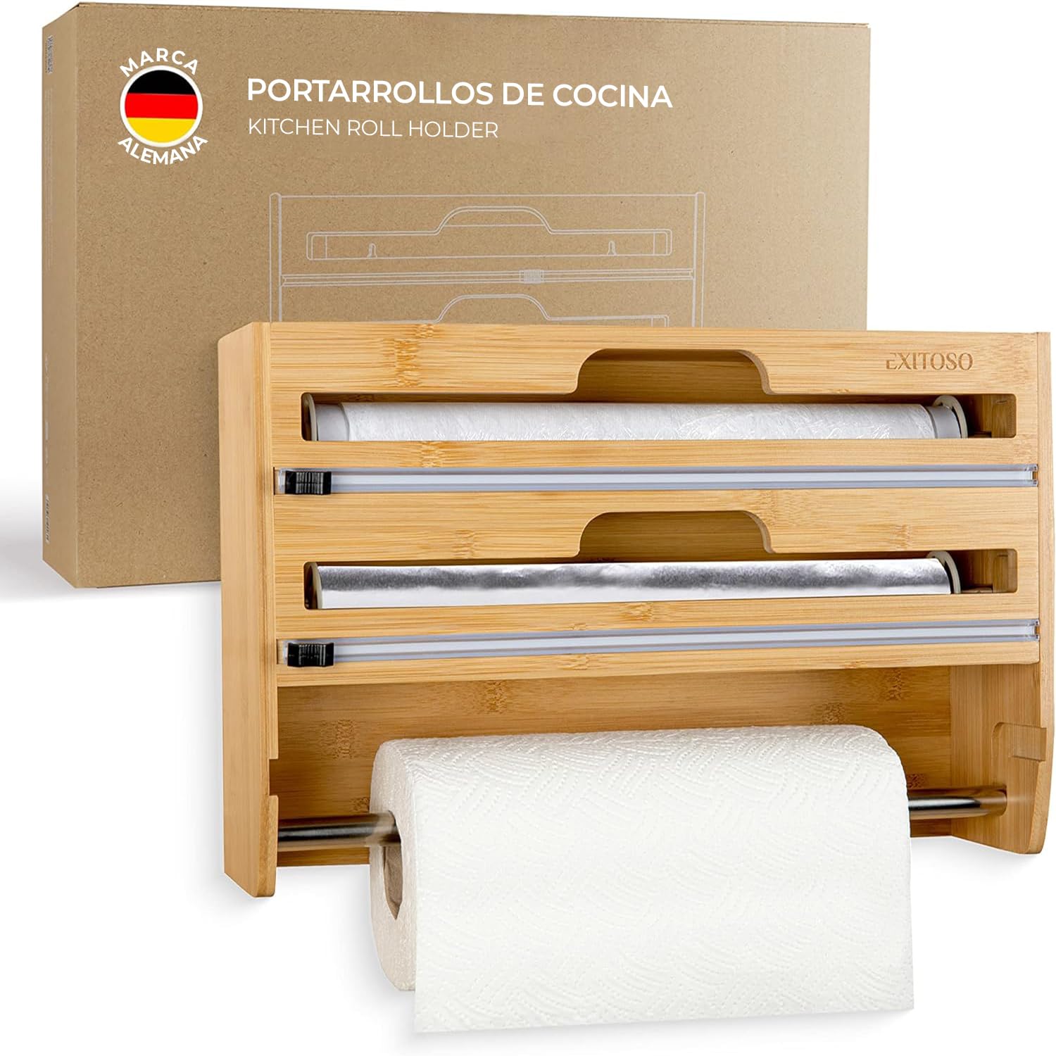 EXITOSO Zewa - Cortador de papel de aluminio de bambú, soporte para rollos de pared para cocina, dispensador de papel de cocina, sin taladrar, madera, soporte para rollos de cocina