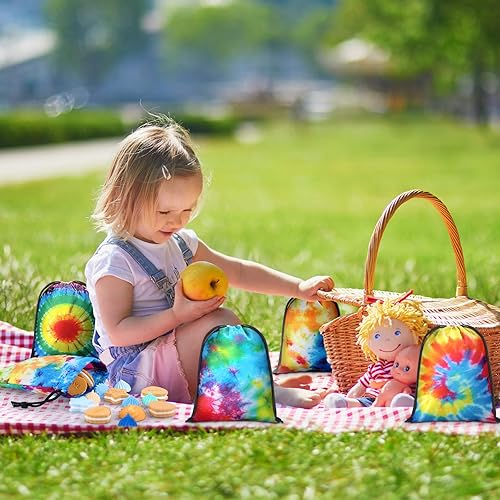 Miniatura 6 de Cunno 24 bolsas de 7 x 5 pulgadas con cordón de teñido anudado, bolsas reutilizables de poliéster coloridas para dulces para suministros de fiesta
