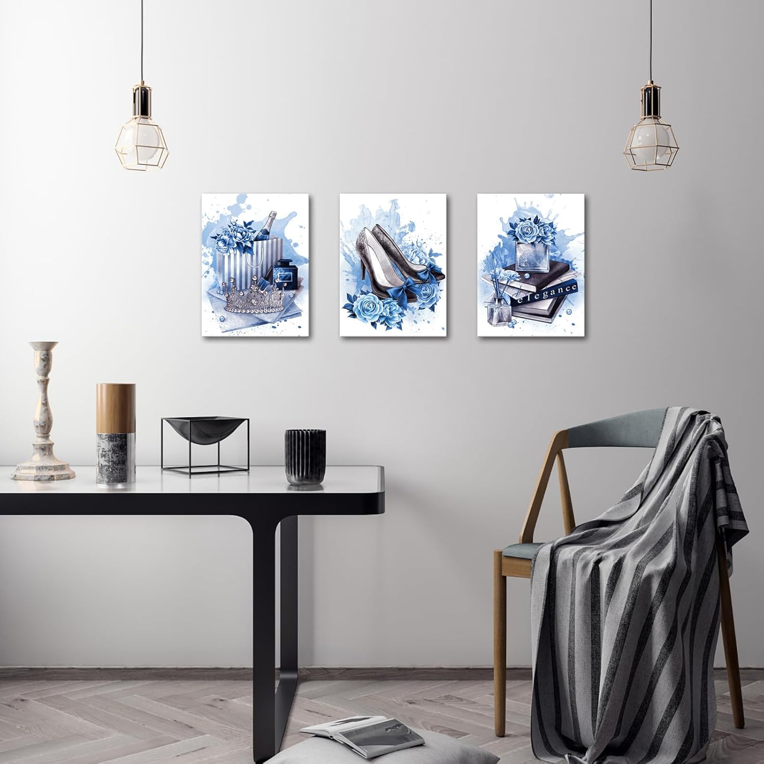Fashion Blue Women Art Print 3 Panles Framed Perfume High Heels Flower Prints Wall Art Princess Crown Decor for Office Bathroom Bedroom Decoration