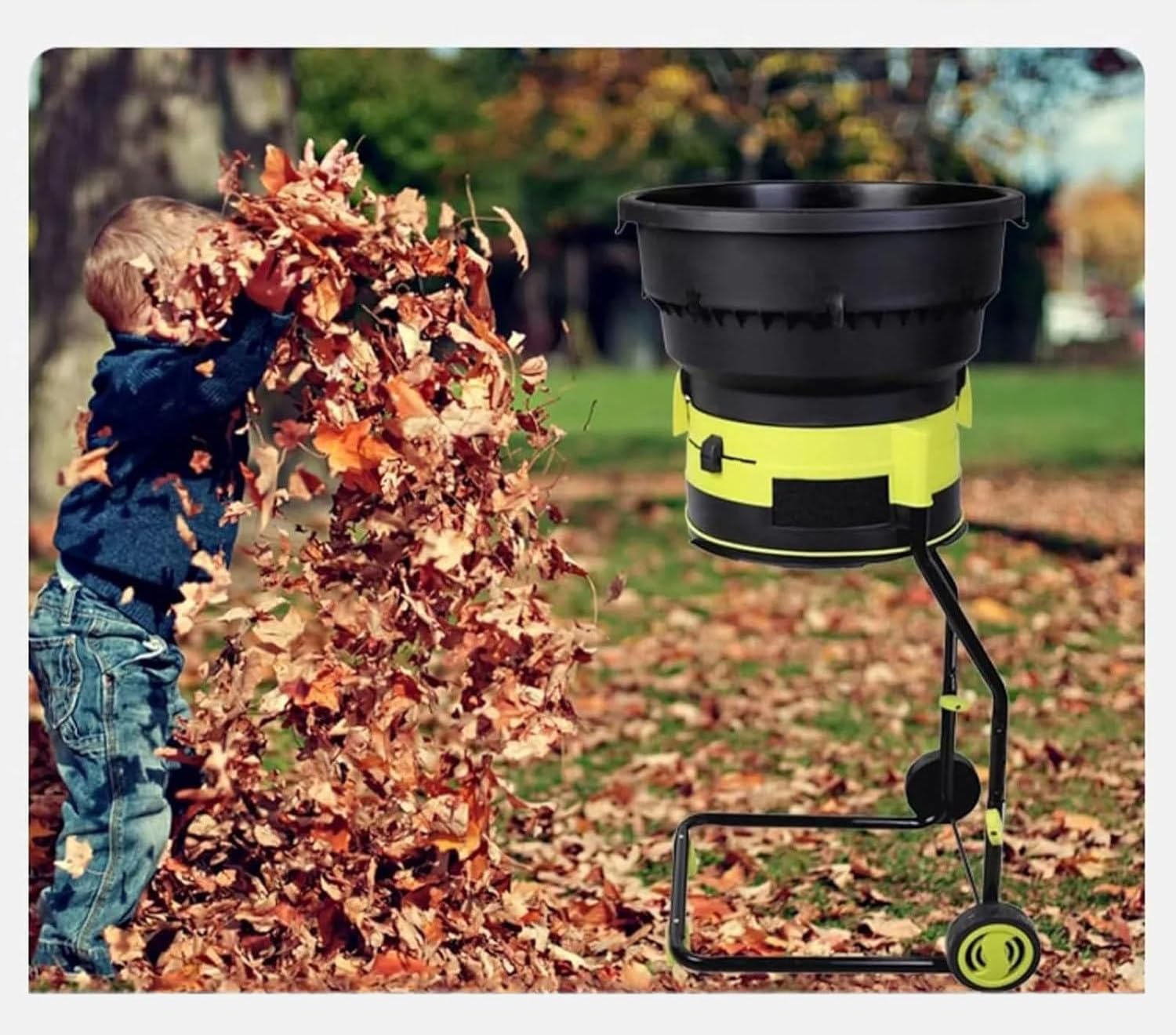 Trituradora eléctrica de hojas, trituradora de jardín portátil sin cuchillas con ruedas, 8000 rpm, incluye bolsa de recolección, diámetro de embudo de 54 cm para un uso fácil