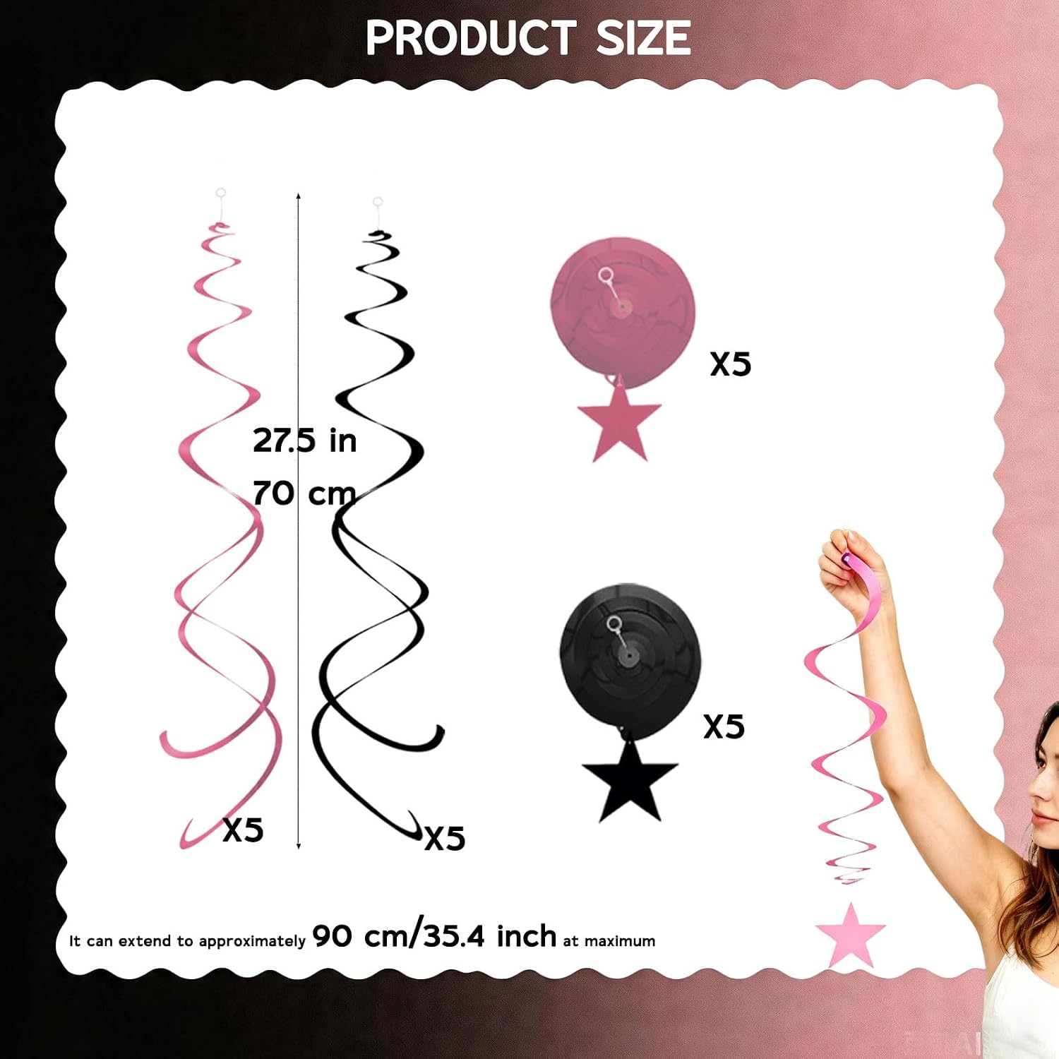 Pink and Black Star Hanging Swirls, 20PCS Double Spiral Ceiling Streamers, Reusable PET Party Decorations for Birthday, Bachelorette, Y2K & Gothic Sweet Themed Events