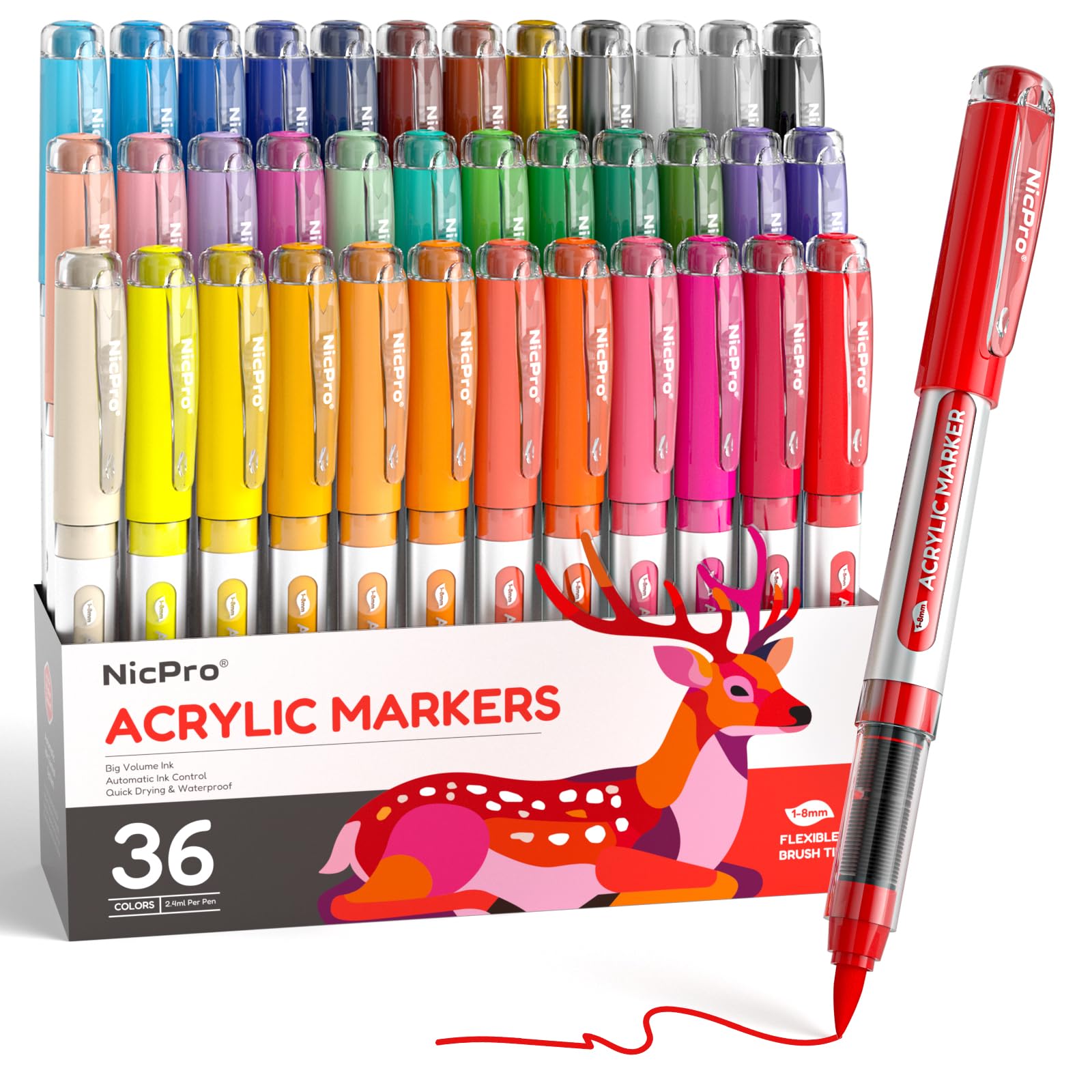 Nicpro Acrylic Paint Markers Set, 36 Colors Brush Tip