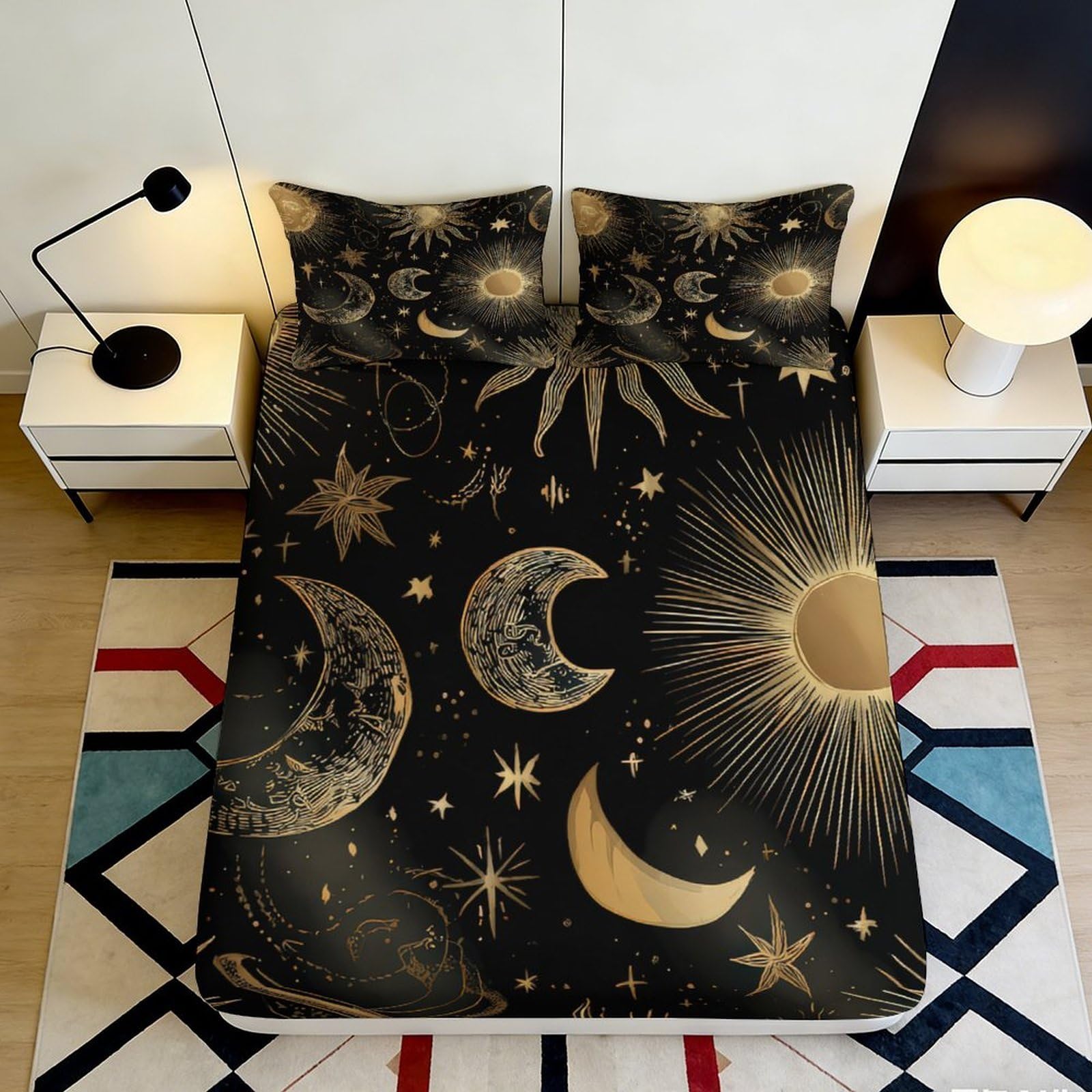 3D Printed Sun Moon Fitted Sheet Microfiber Soft Breathable Starry Night Mattress Cover for Bedroom Dorm Decor 90x200x25cm